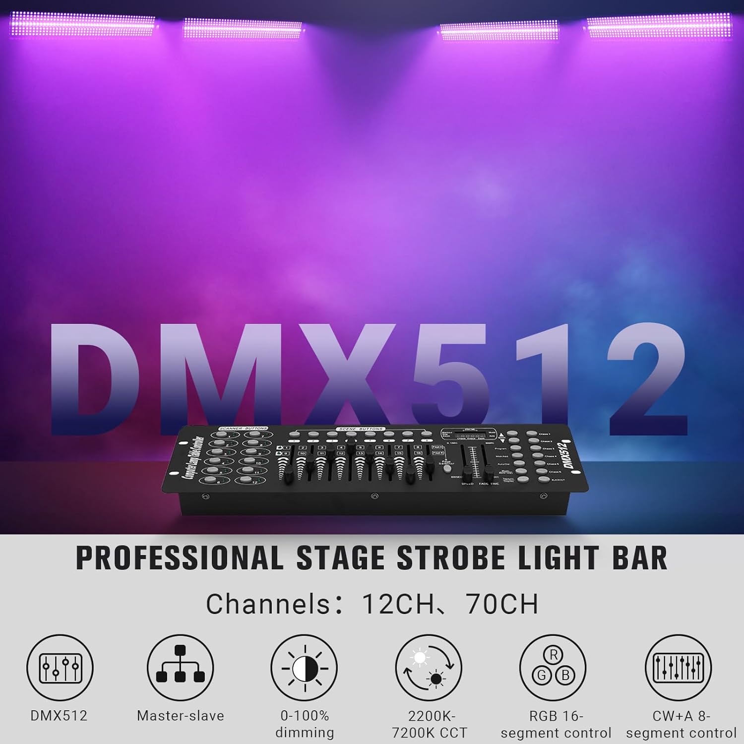 120W Stage Strobe Lights: 336LEDs RGBWA DJ Light Bar - Remote & DMX Master Slave Control - 16RGB & 8 White & 8 Amber Zones Chase Effect for Mobile Party Club Show Gig Band Halloween Performance