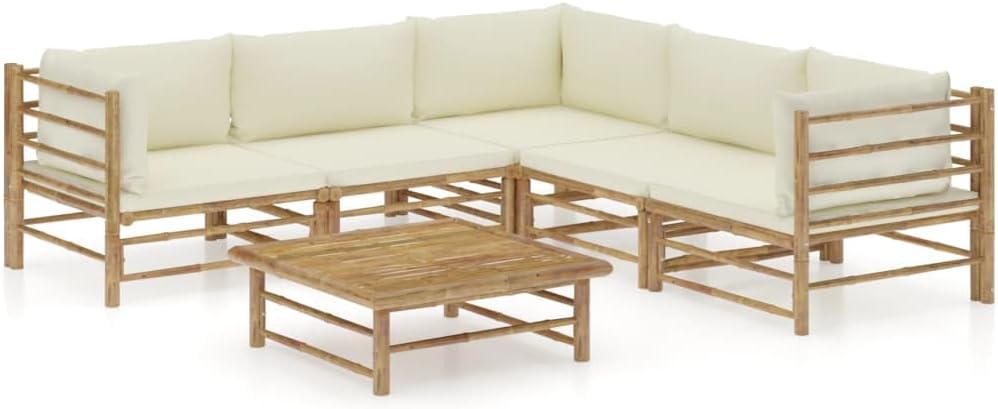 6 Piece Patio Lounge Set with Cream White Cushions Bamboo,Relaxing Bamboo Patio Lounge Set with Removable Cushions Furniture Sets for Patio, Lawn & Garden
