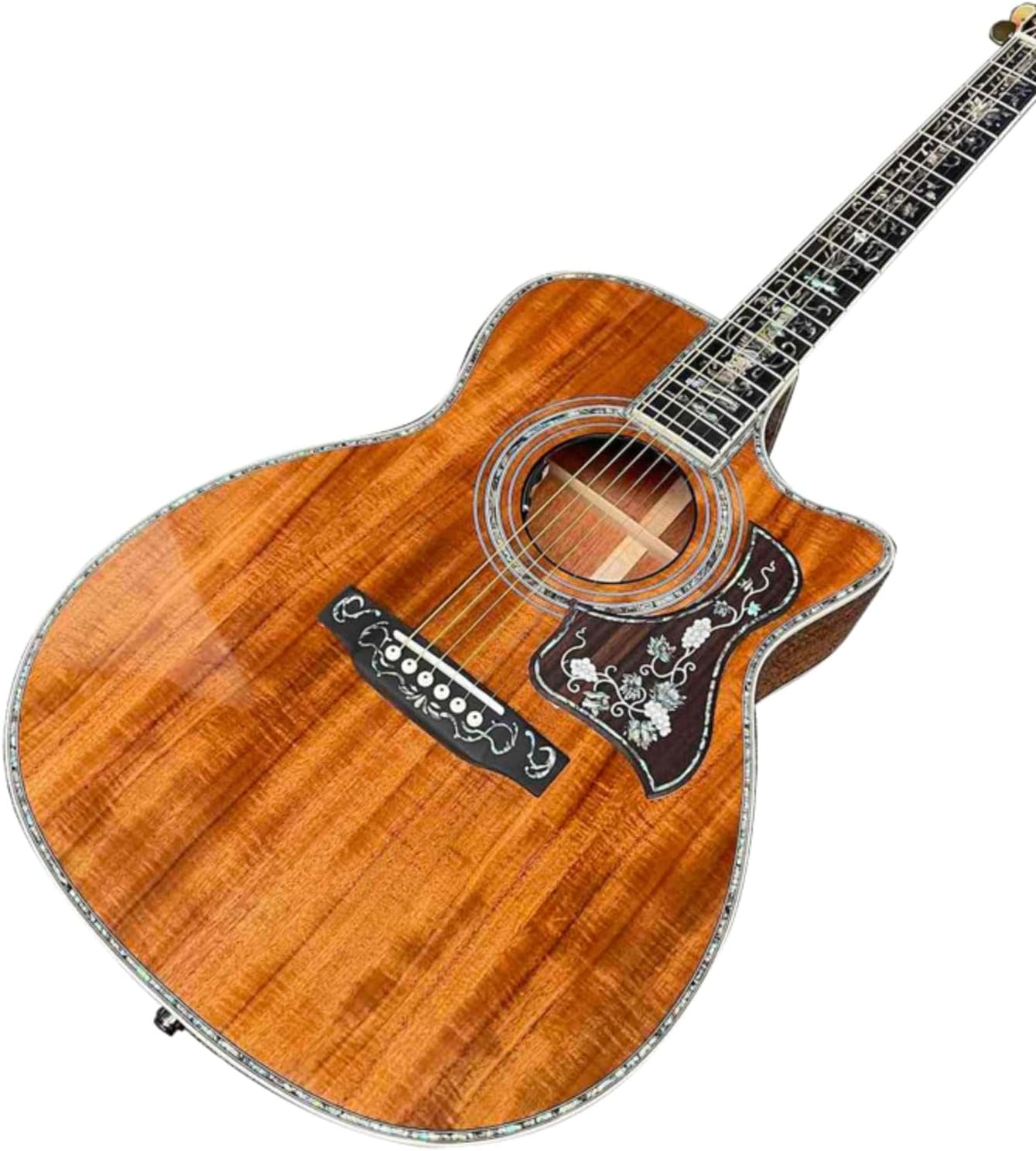 40 Inch OM Type Solid KOA Wood Top Cutaway Acoustic Guitar Ebony Fingerboard Abalone Inlays 43mm Nut Width with Double B1G Soundhole Pickup