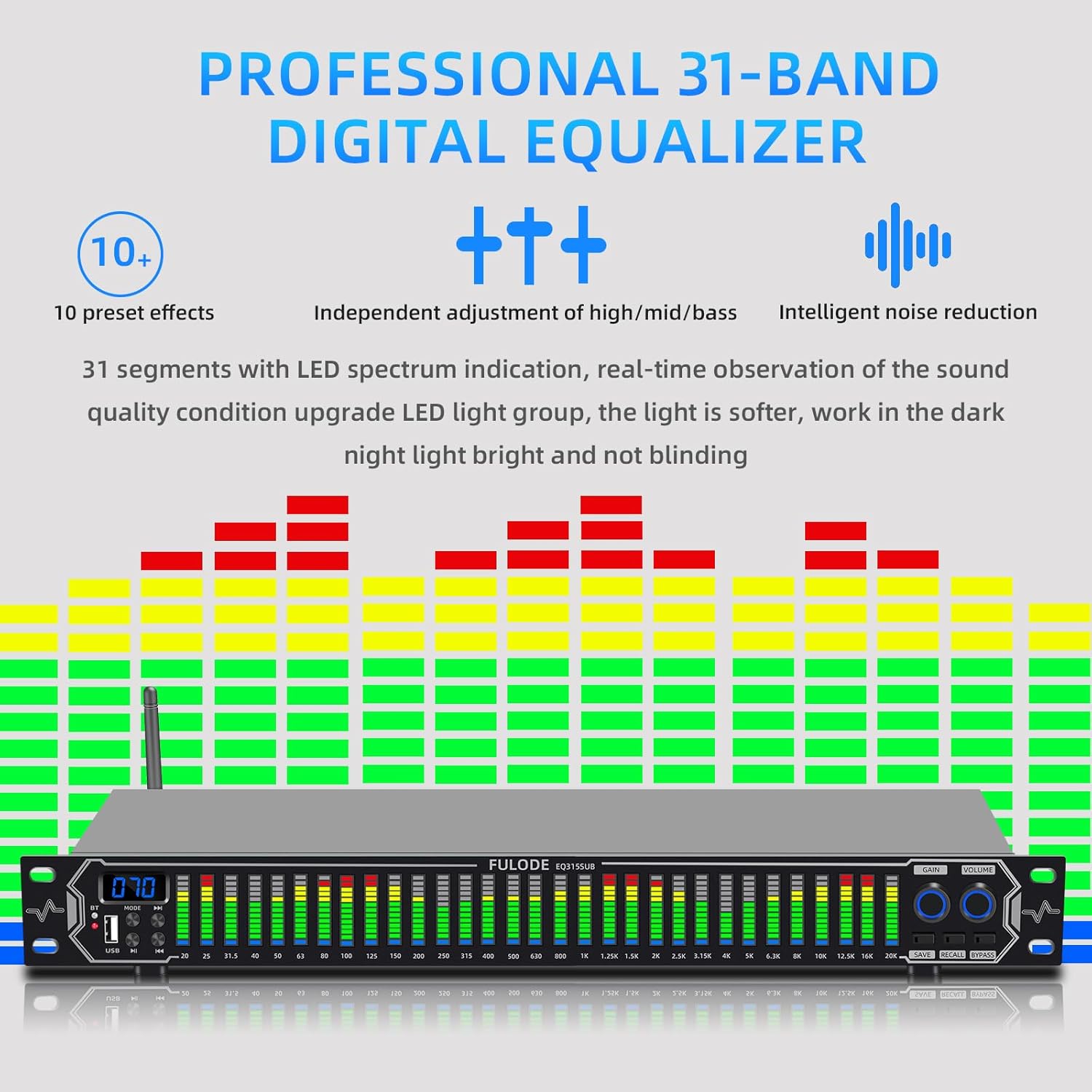 Home Audio Equalizer, Professional 31-Band Digital Equalizer,Noise Reduction Rack Mount Audio Spectrum Analyzer,Stereo graphic equalizer Real-time frequency level display