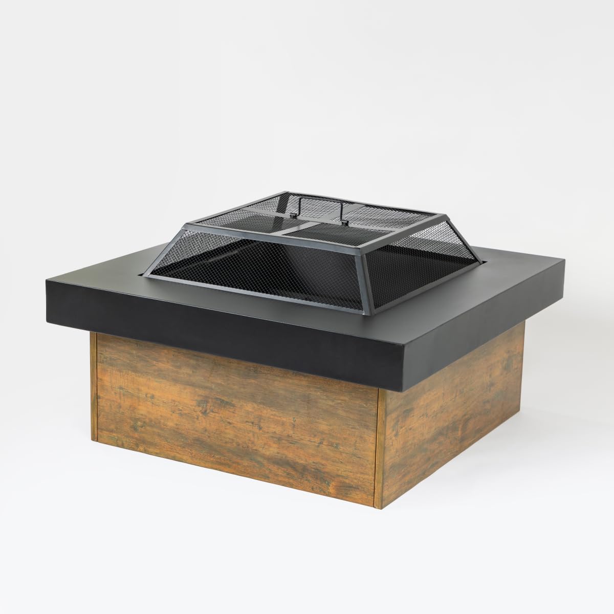 36 Inch Large Round Iron Wood-Burning Fire Pit Table, Black Steel Outdoor Fireplace with Geometric Cut-Out Design, 19.7