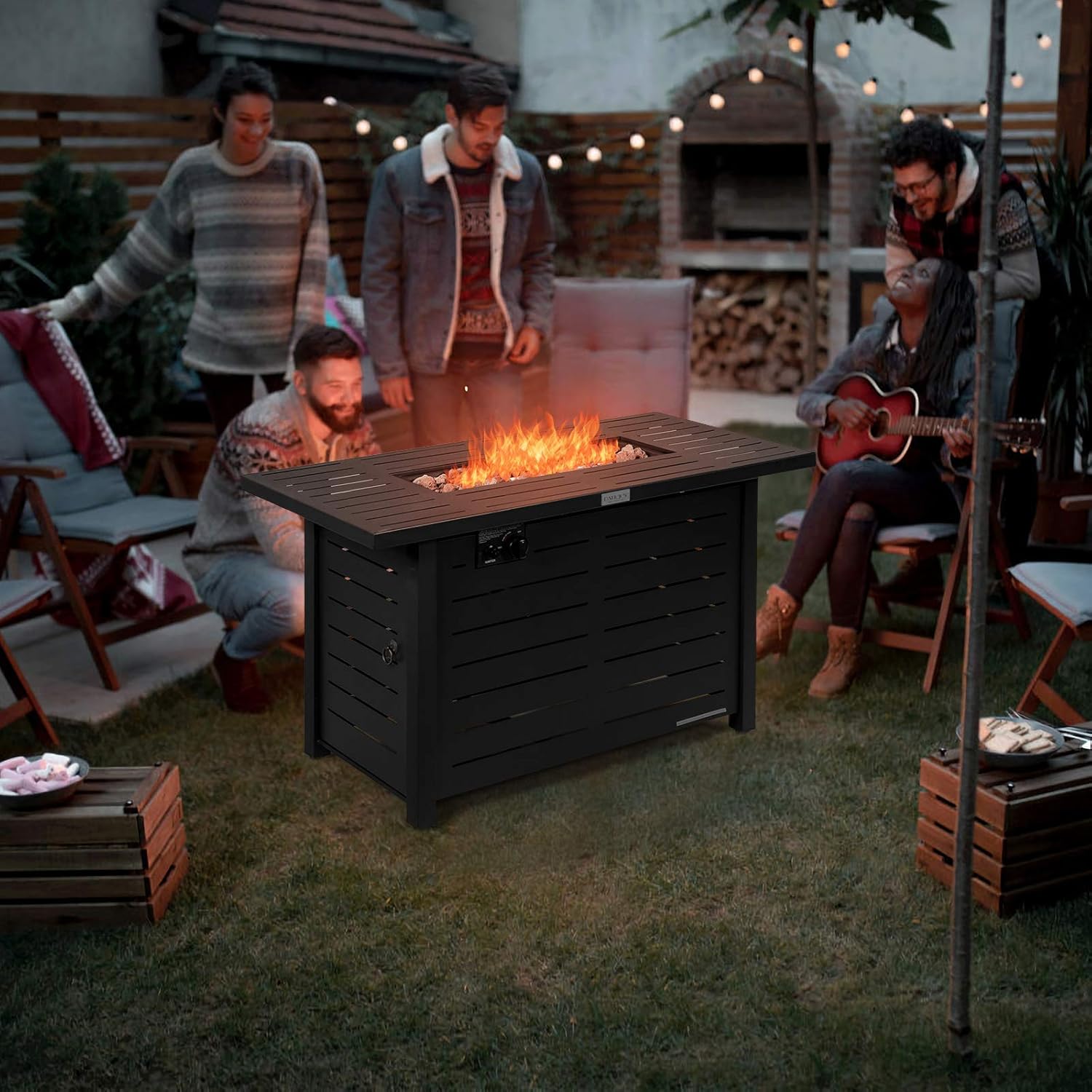 S AFSTAR Propane Fire Pit Table, 42 Inch 60,000 BTU Gas Fire Pit Table with Lid & Volcanic Rocks, PVC Protective Cover, Outdoor Rectangular Fire Tables for Patio Porch Balcony Pool Deck (Black)