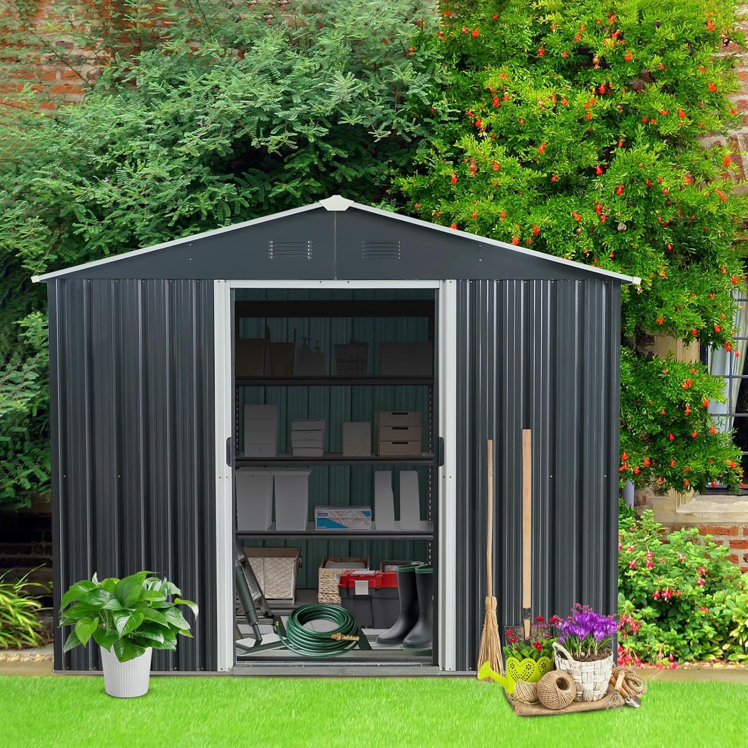 JT 7.5x10FT Outdoor Storage Shed with Floor Frame, Metal Garden Shed with Sliding Doors, Waterproof Galvanized Steel Storage House for Backyard Garden, Patio (Black, 7.5 * 10FT)