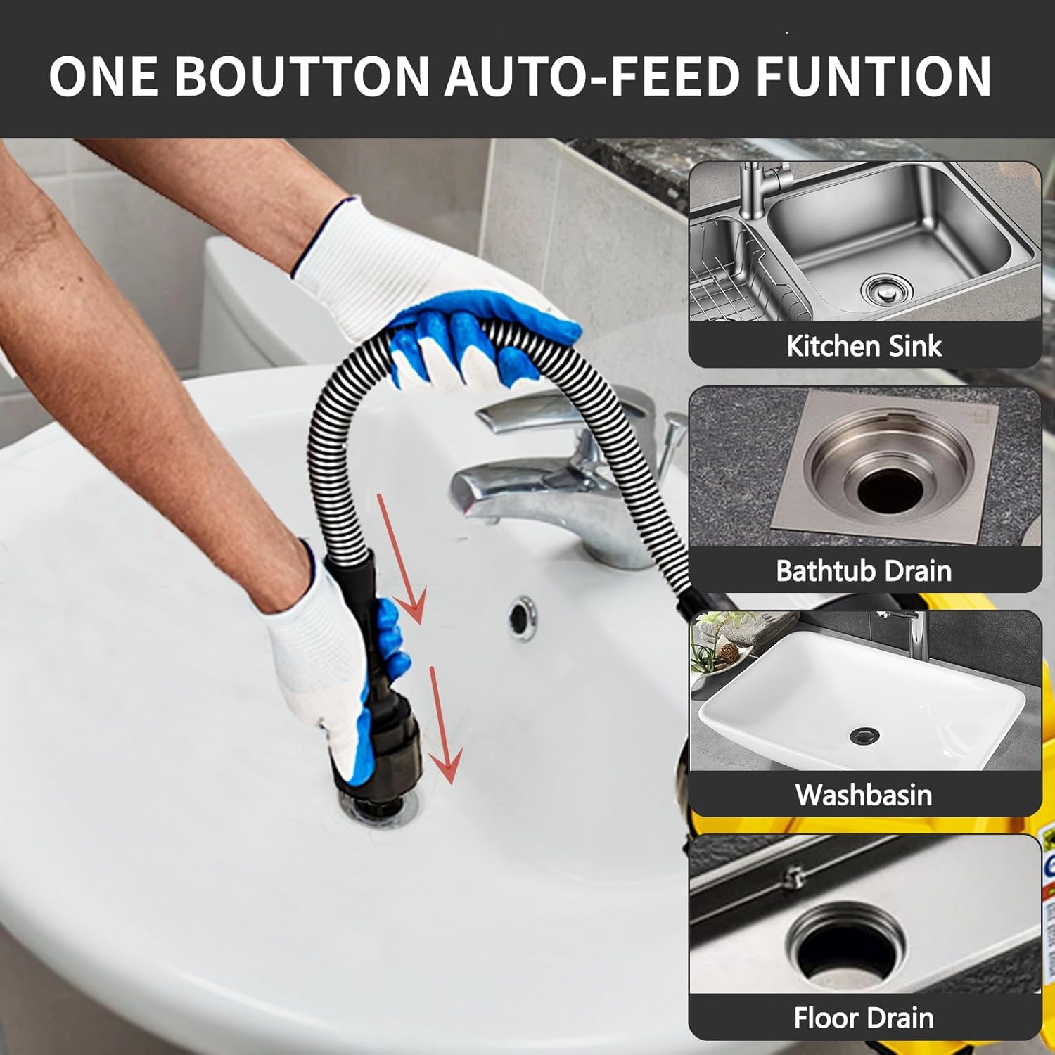 Drain Cleaner Machine 30Ft, Auto-feed Electric Drain Auger for 3/4In - 2In Pipes, Cable in Piano Wire with Foot Switch, Sewer Snake for Sinks, Toilets, and Floor Drains