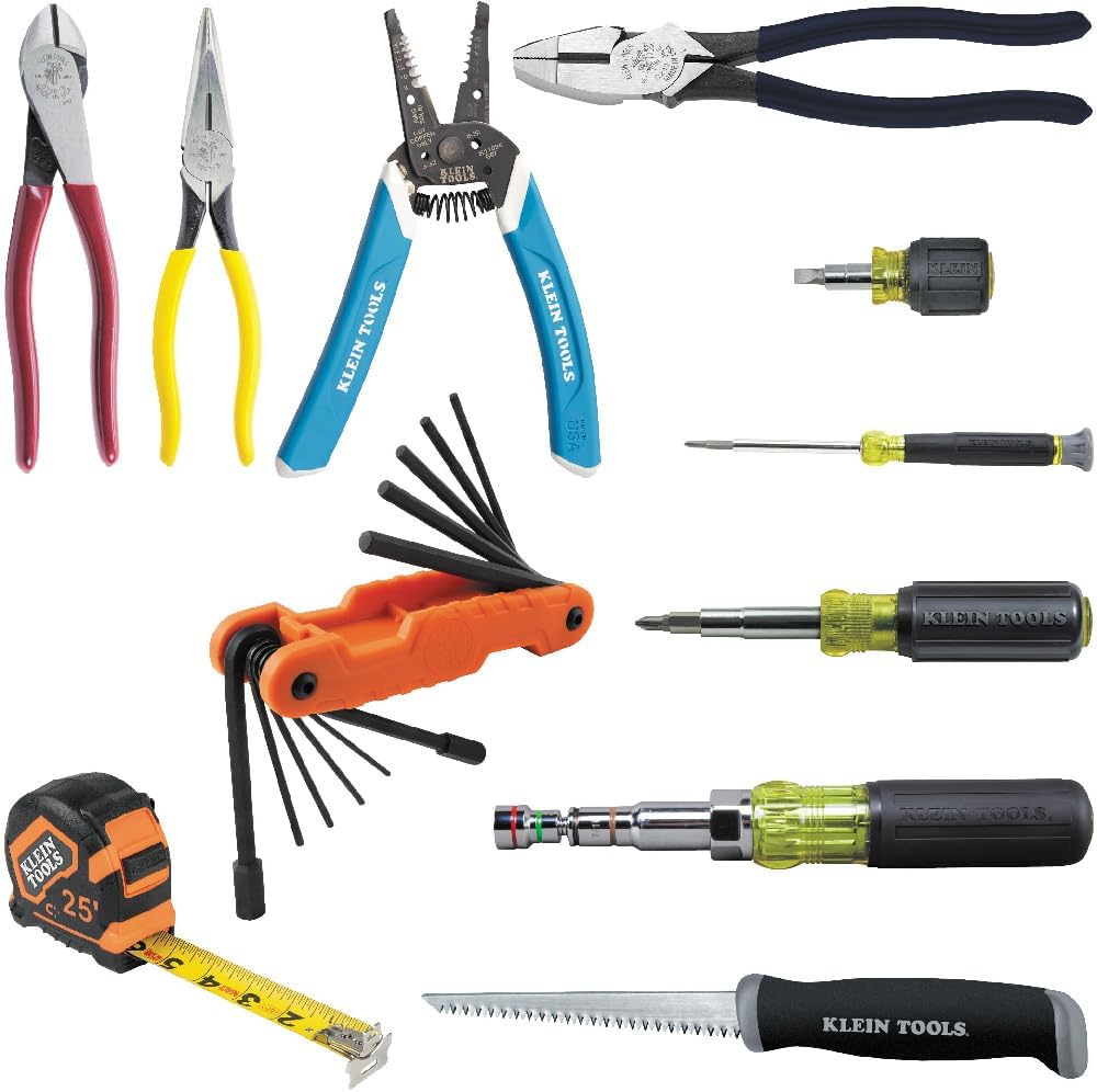 Klein Tools 80089 Multi-Bit Driver and Plier Kit, Made in USA, with Wire Stripper, Tape Measure and Accessories for Jobsite Needs, 11-Piece