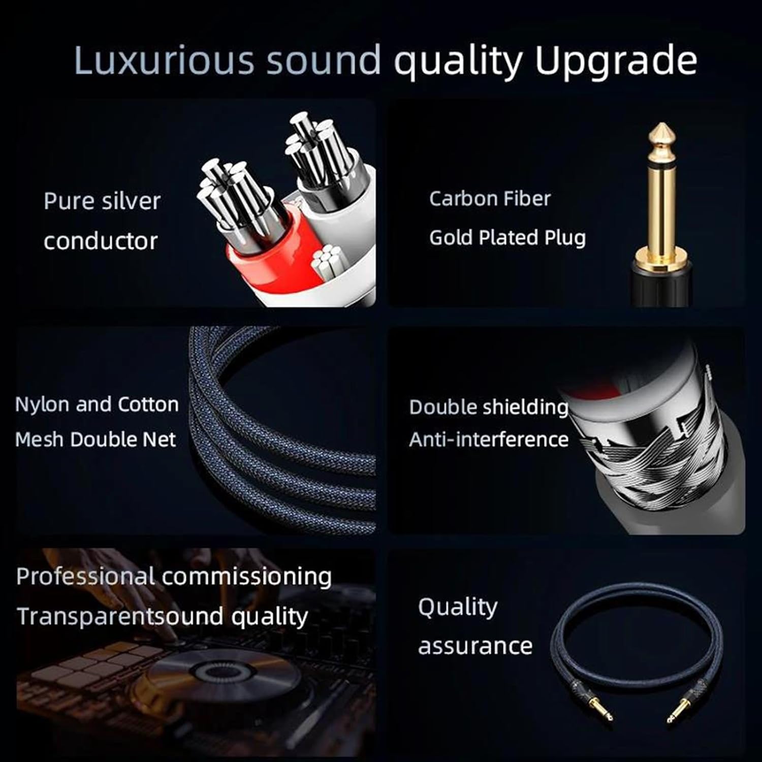 Guitar Audio Cable Silver 6.35mm 6.5mm Cable with Gold Plated 6.5 TS and 6.5 TRS Plug Electric Guitar Amplifier Aux Cable(TS,5m)