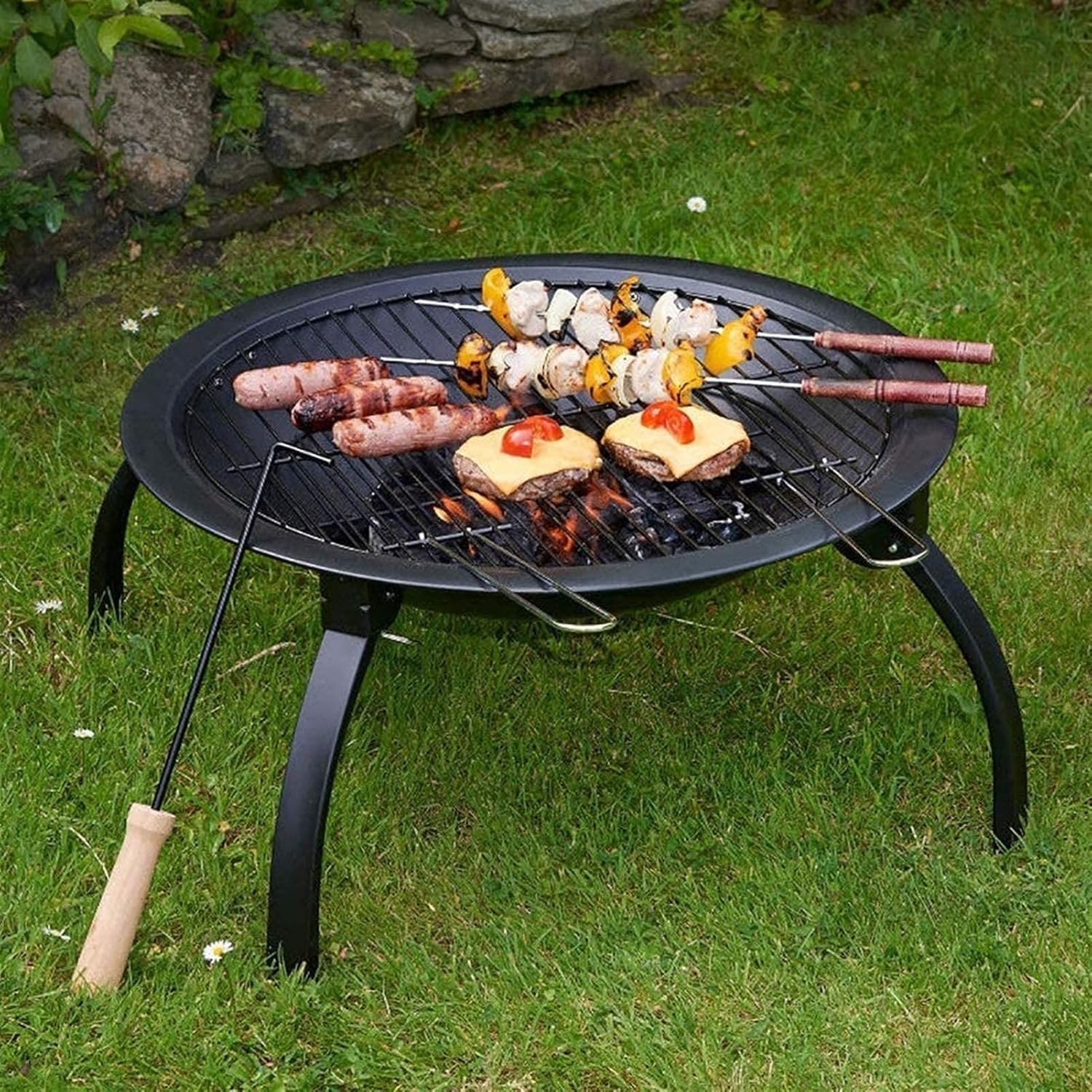 Fire Pits,Garden Outdoor Fire Pits Steel Folding Fire Bowl with Grill & Cover & Poker Camping Fire Pit BBQ Brazier Wood Charcoal Patio Heater