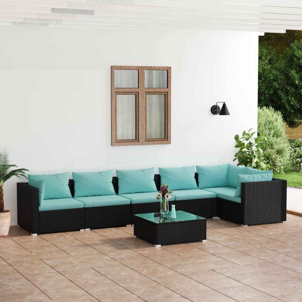 7 Piece Patio Lounge Set with Cushions Poly Rattan Black Garden Furniture