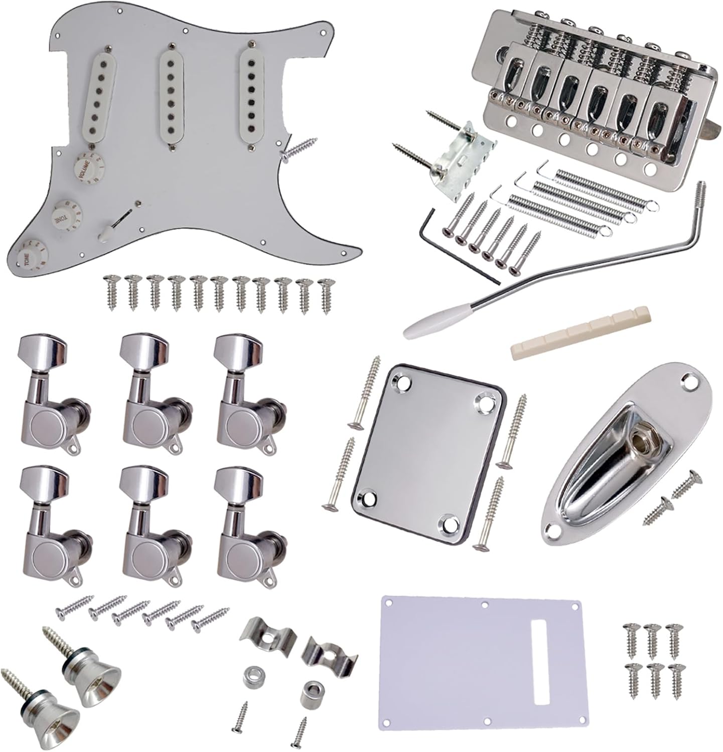 ST Style Electric Guitar Full Set DIY Accessory Kit Including Prewired Pickguard Bridge SSS Pickups and Other Accessories Silver