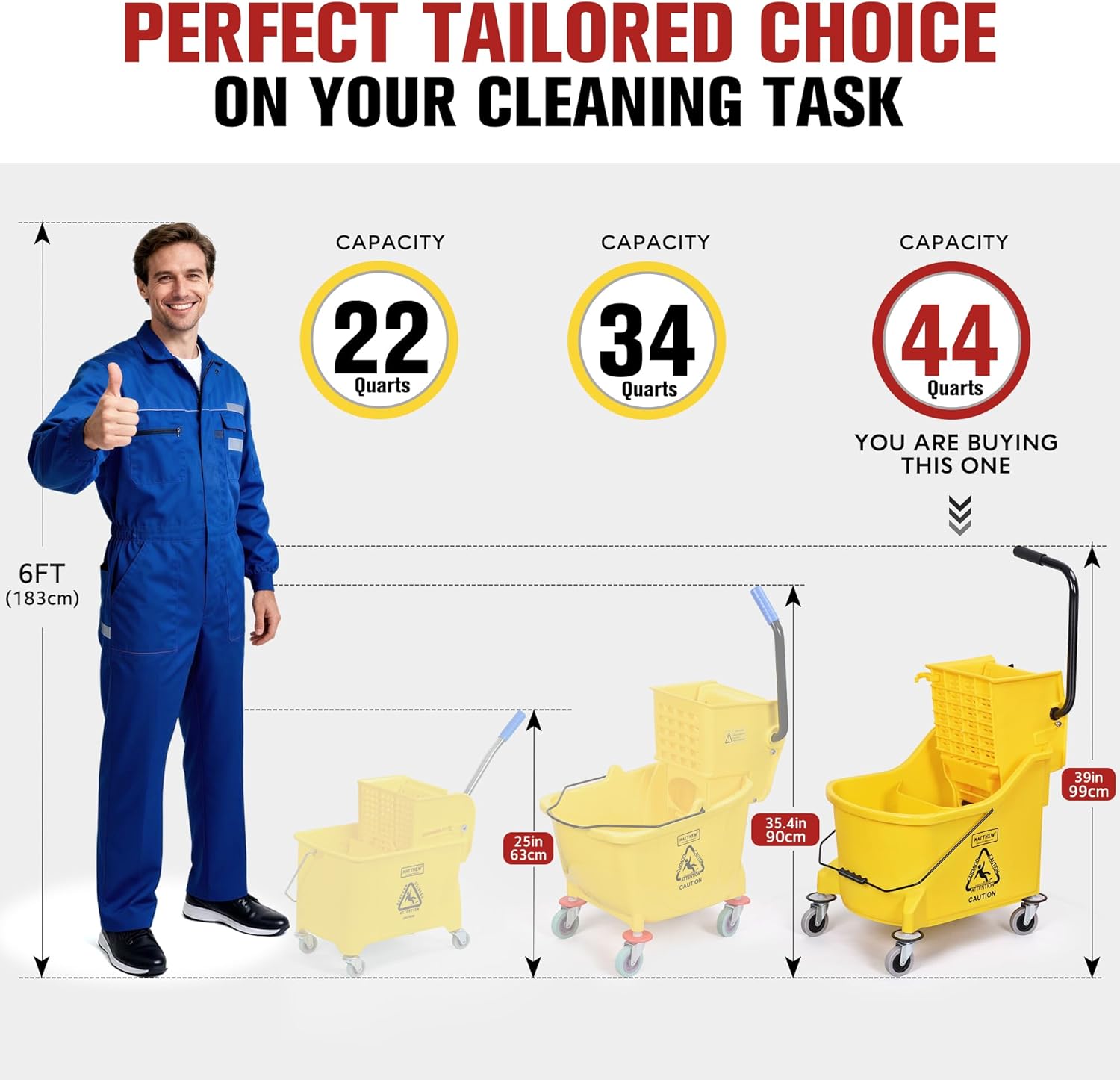 Matthew Cleaning 44Quart Commercial Mop Bucket INCL.Wet String Mop& 19'' Industrial Wet Floor Sign with Side Press Wringer On Wheels,Tandem Portable Floor Cleaning Wavebrake,Ideal for Household