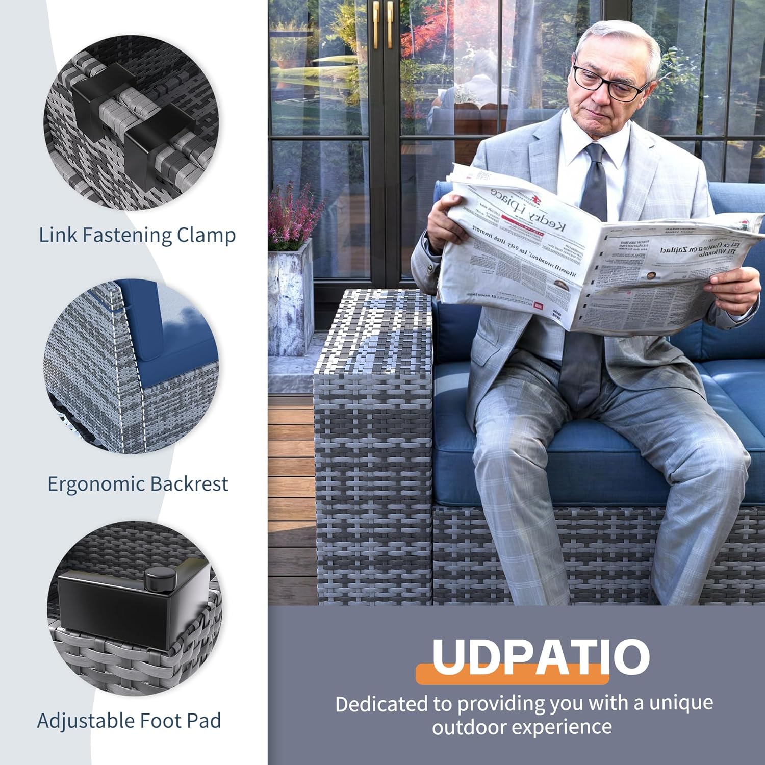 UDPATIO 13 Piece Patio Furniture Set with Fire Pit Table, 8''Wide Armrest Modular Rattan Outdoor Sectional Sofa Set,Wicker Patio Conversation Sets for Backyard,Deck w/ 4'' Cushions,Cover(Grey/Blue)