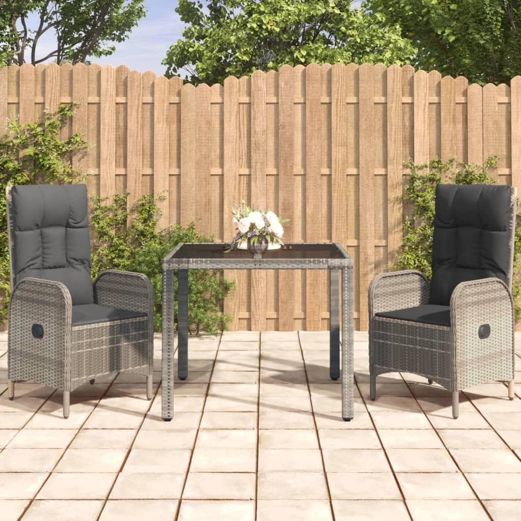 3 Piece Patio Dining Set with Cushions Gray Poly Rattan,Comfortable Reclining Patio Dining Set with Sturdy Steel Frame and Cushioned Seating for Outdoor Relaxation Furniture Sets for Patio, Lawn & Gar