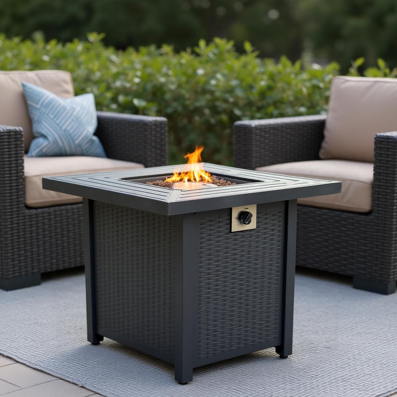 28-inch Iron Square Propane Fire Pit Table, Outdoor Gas Fire Pit Table, Wicker Design, Propane Powered with Decorative Rocks