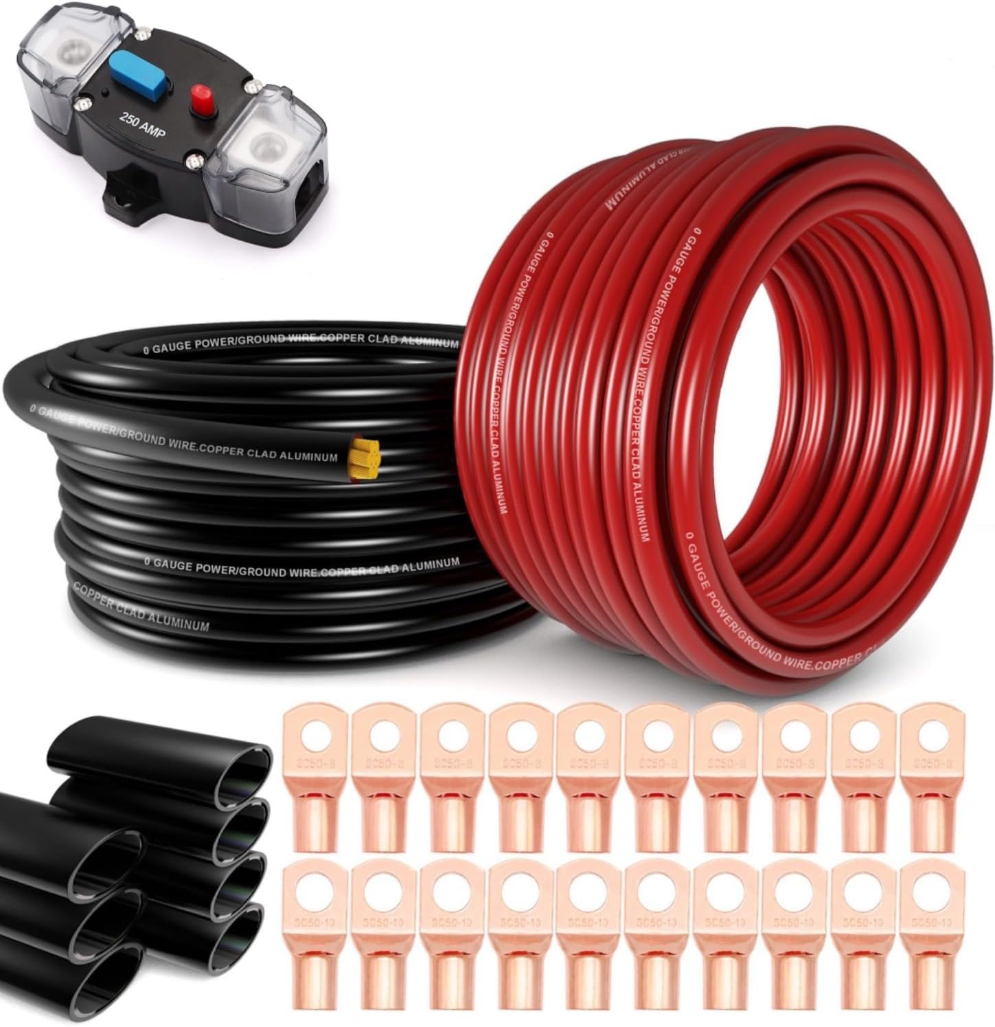 40FT 1/0 Gauge Wire Copper Clad Aluminum CAA,with 250A Circuit Breaker,20pcs Lugs Terminal Connectors and 3:1Heat Shrink Tube for Power/Auto,Amplifier,Ground Cable Trailer Wiring