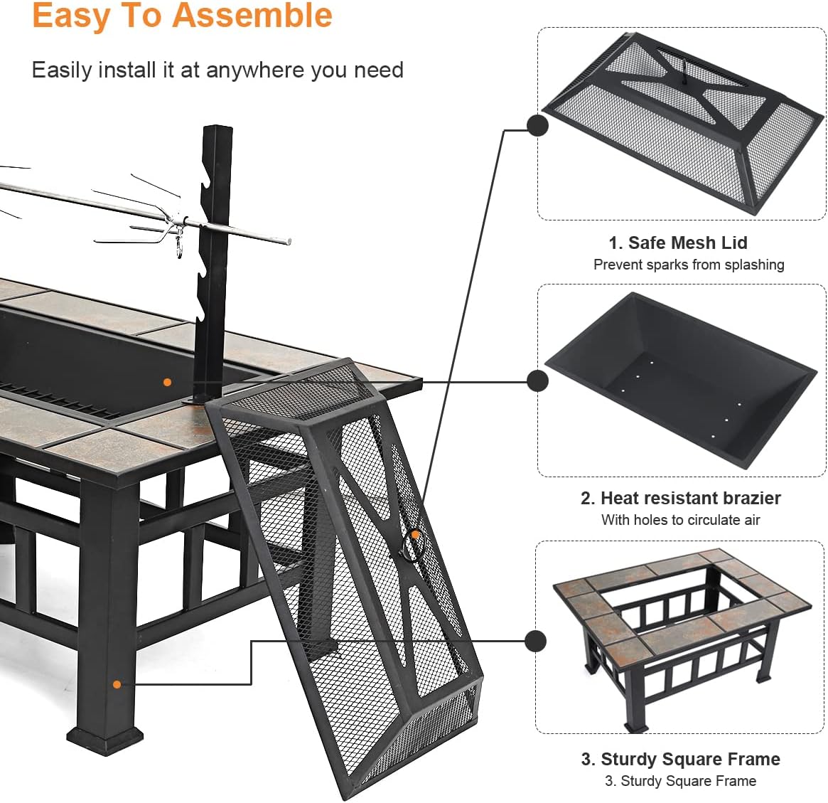 SINGLYFIRE 37 Inch Fire Pit Table with Grill for Outside Large Square Wood Burning firepit Heavy Duty Steel Bonfire Pit Cooking with Spark Screen Log Grate Poker for Backyard Garden Camping