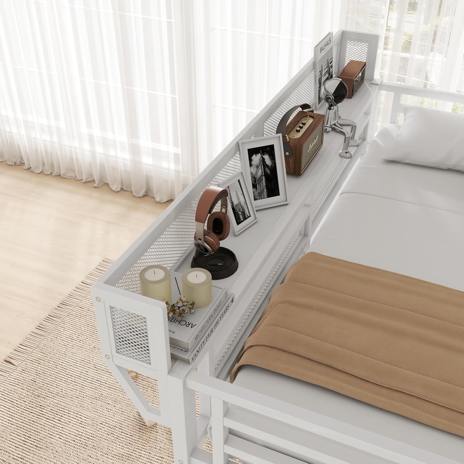 Full Loft Bed with Desk and Charging Station, Full Size Metal Loft Bed with Stairs and Light for Kids Teens, Black, Patent Products (White)