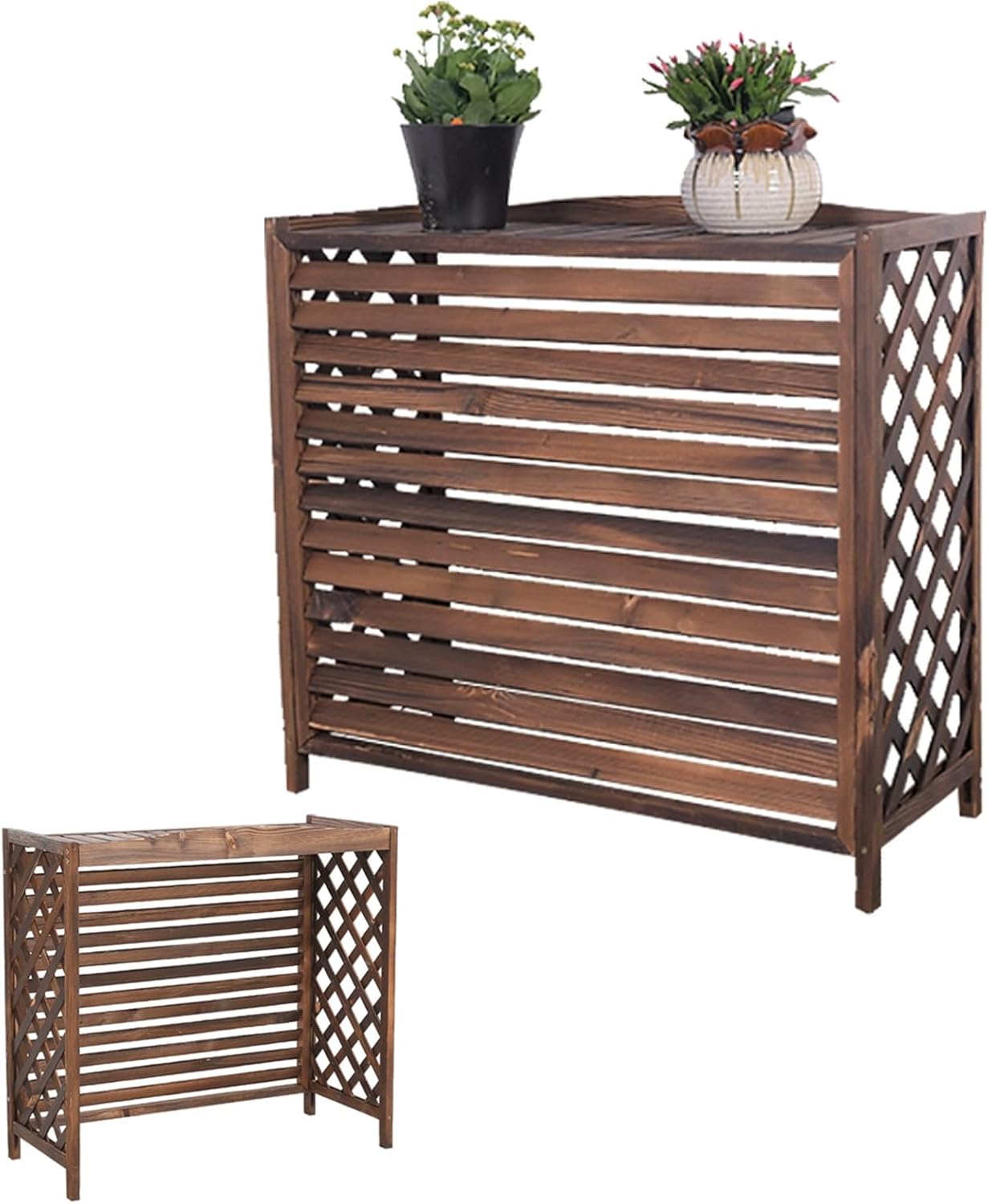 Air Conditioner Fence Screen Protective Cover Solid Wood Shelf Plant StorageDecorative Louvered Frame for Outside to Hide Condensing Unit for Outdoor Privacy(Brown,L105cm*W47cm*H80cm)