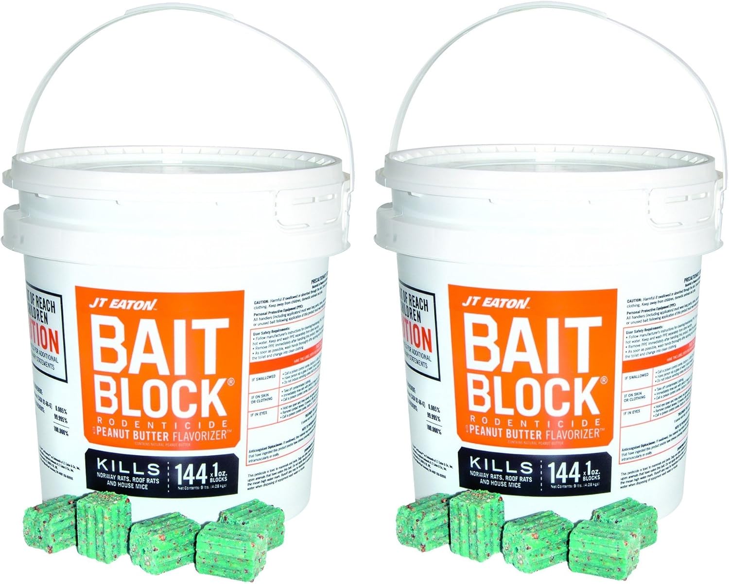JT Eaton 709-PN Bait Block Rodenticide Anticoagulant Bait, Peanut Butter Flavor, for Mice and Rats (Pail of 144) (2 Pails of 144)