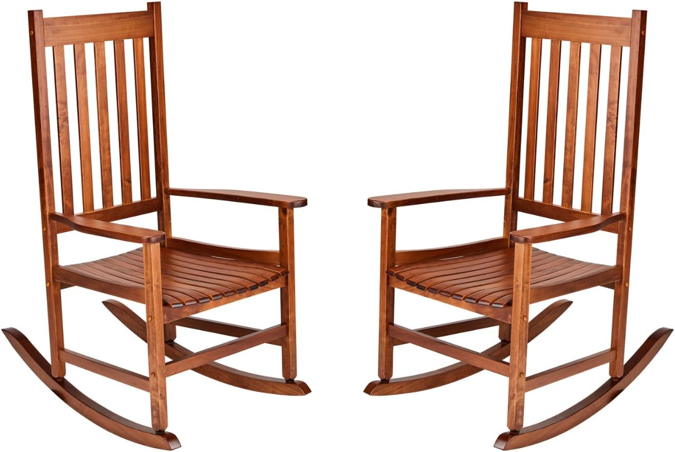 Outvita Outdoor Rocking Chair Set of 2, Solid Wood High Back Rocker, All Weather Lounge Chair for Porch Patio Fire Pit Garden Backyard Deck Indoor, Natural