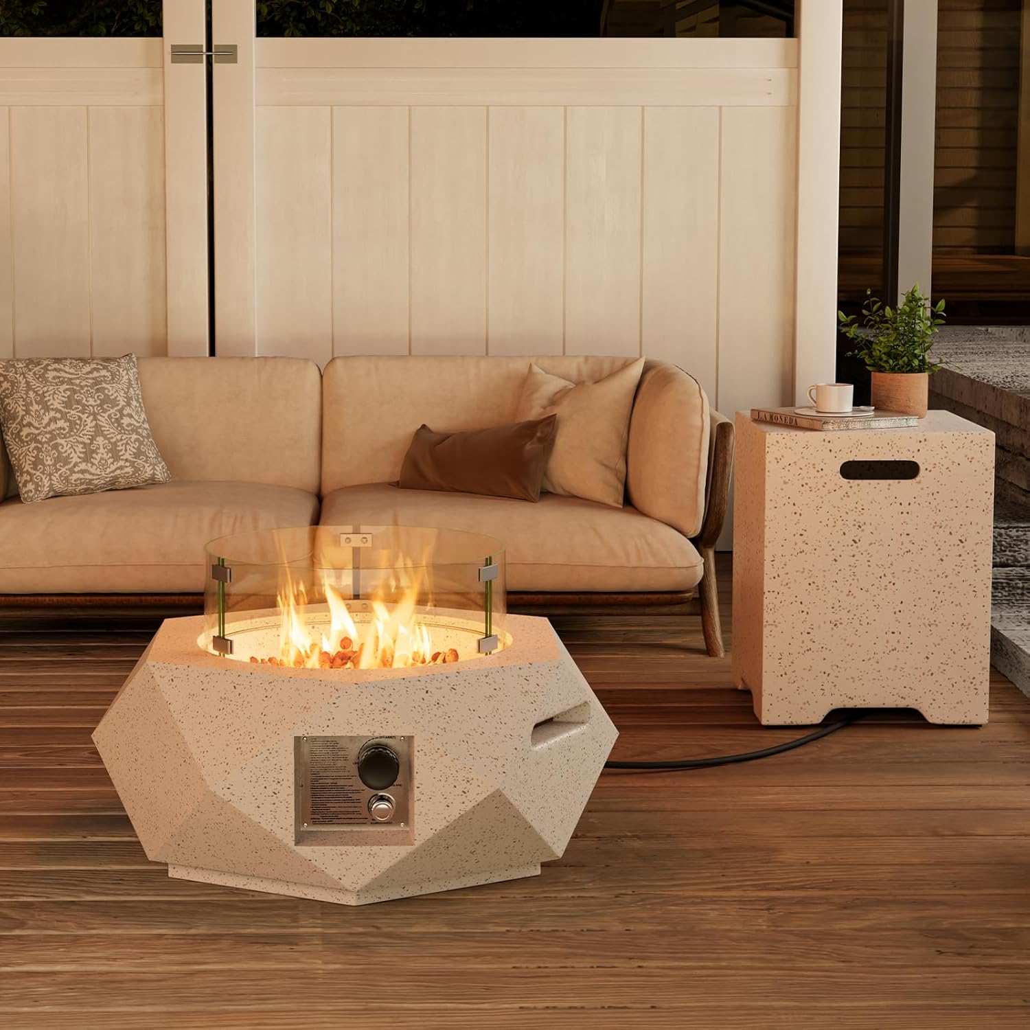 COSIEST 2-Piece Outdoor Propane Firepit Table Set w Tank Table, 24-inch Terrazzo White Hexagon Fire Table, Wind Guard and 16 inches Tank Side Table 20lb for Garden,Pool