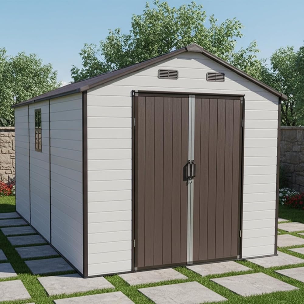 8x14x7.6 FT Resin Outdoor Storage Shed with Floor and 2 Windows, Plastic Sheds & Outdoor Storage House with Strong Aluminum Frame for Patio, Garden, Bike Accessories and Lawn Mower, White