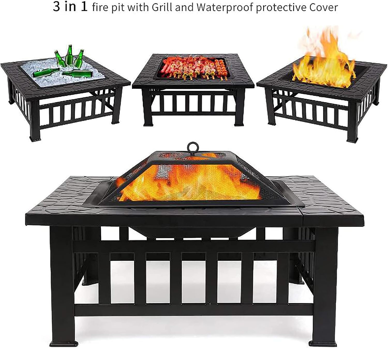 Square Metal Fire Pit Stove 31.89In Outdoor Fire Pit Table with Grill,Your Garden Warm Companion.