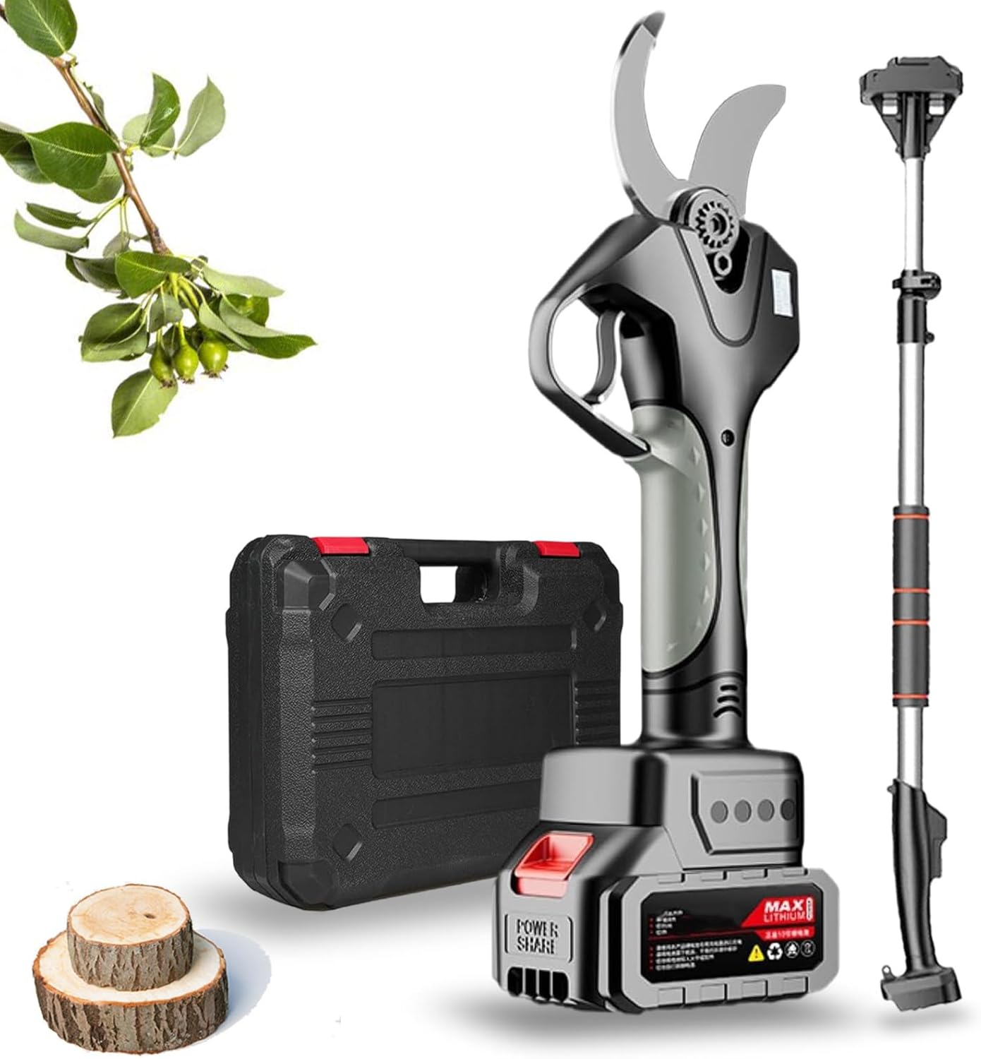 Wireless Pruning Scissors Electric Shears, Rechargeable Battery Pruning Scissors Cutting Diameter 50mm, Professional Pruning Scissors 10-12 Hours of Work, with Extension Rod,2Battery