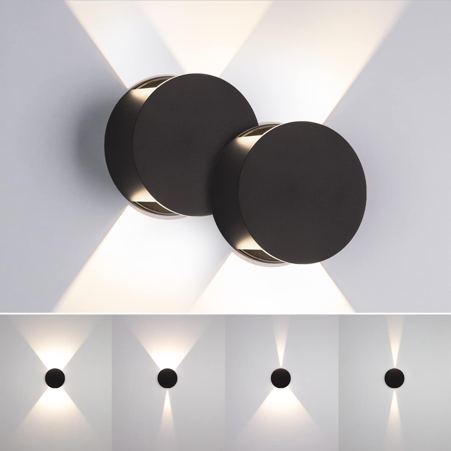 Tubicen LED Wall Sconces Set of 2 Dimmable Home Theater Sconces Beam-Adjustable Up and Down Wall Lights Indoor 6W Black Round Small Wall Sconces for Living Room Bedroom Hallway Stairs Hardwired