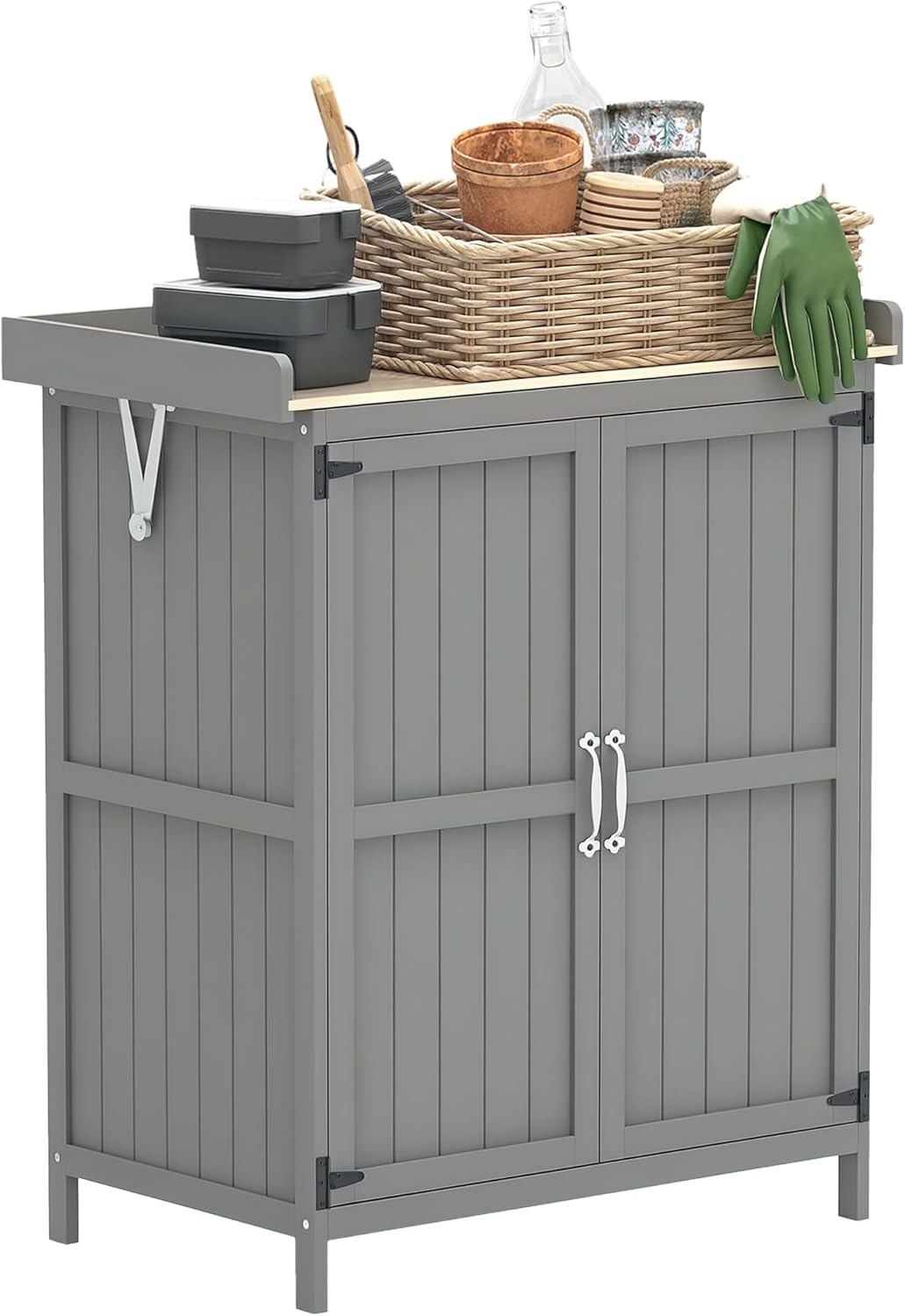 Outsunny Outdoor Storage Cabinet, Garden Tool Shed with Metal Tabletop and Shelf, Wooden Potting Bench with 2 Doors for Backyard, Patio, Lawn, Gray