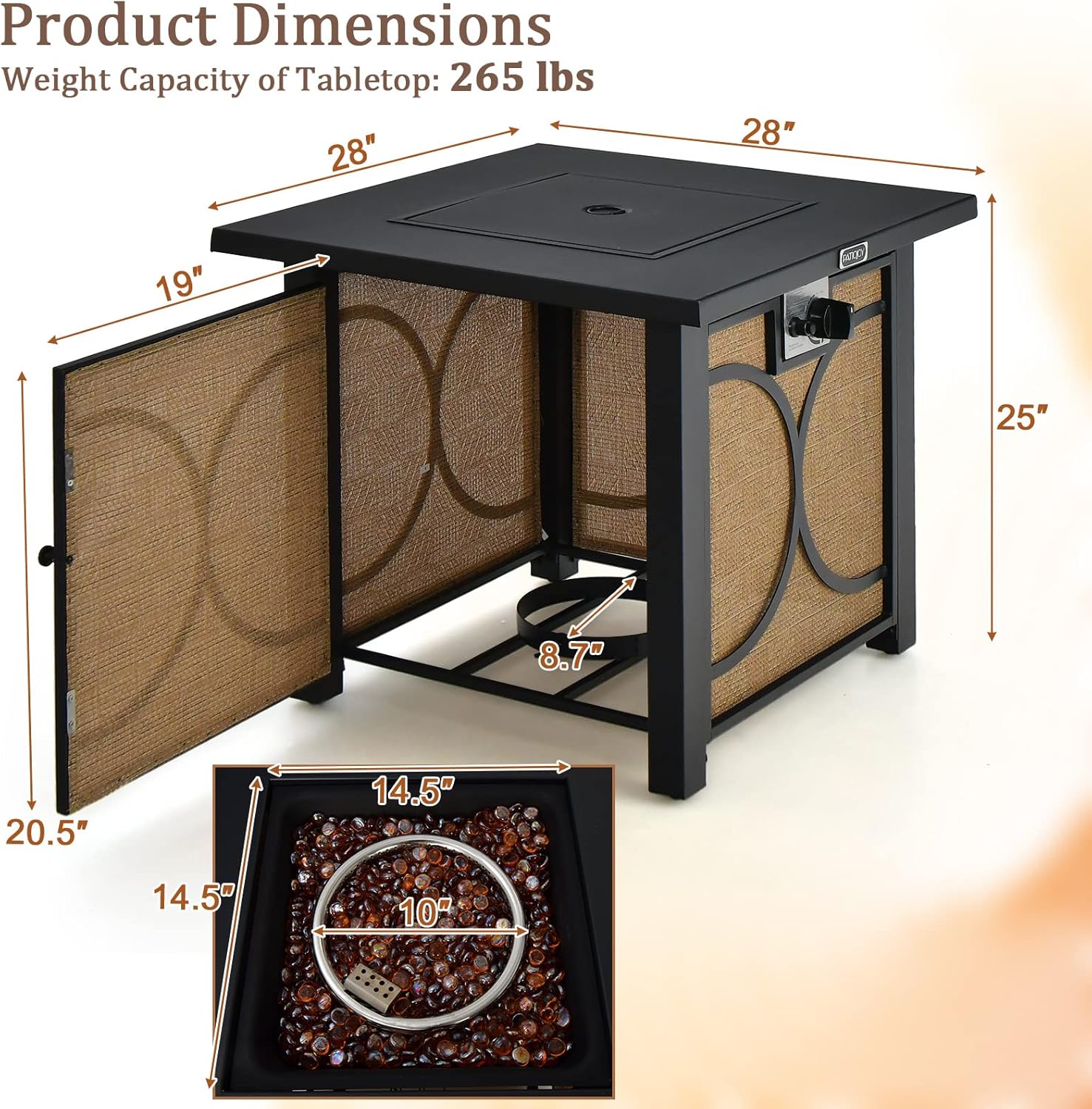 Tangkula 28 Inch Outdoor Square Fire Pit Table, Patiojoy 50,000 BTU Propane Gas Fire Table with Fire Glasses & PVC Protective Cover, Easy Ignition System, Patio Fire Table for Backyard, Poolside