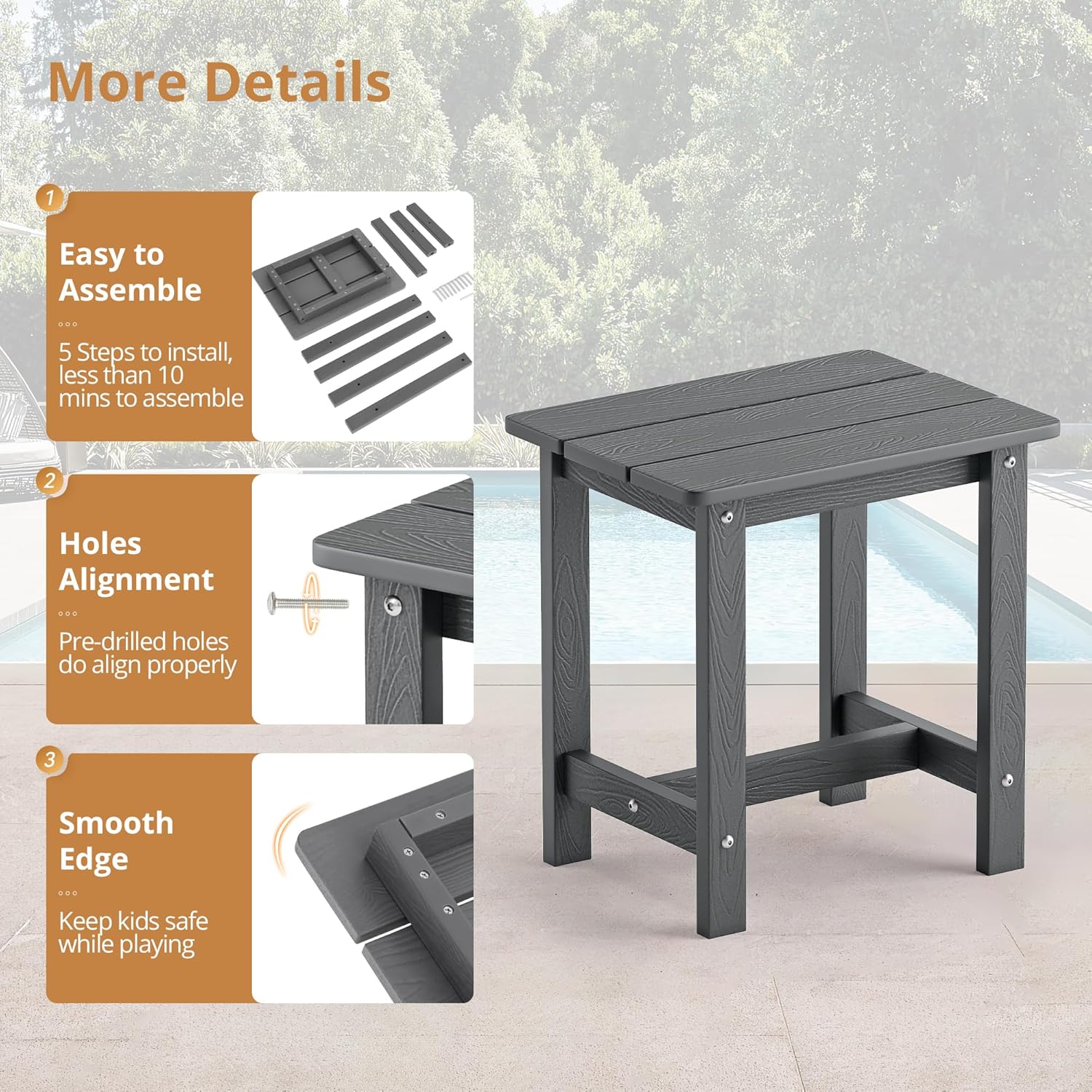 LUE BONA Outdoor Side Table Set of 2, HDPS Small Outdoor Table, Adirondack Side Table, Outside End Table for Patio, Deck, Pool, Weather Resistant/Easy Maintenance/Indoor or Outdoor Use, Dark Gray