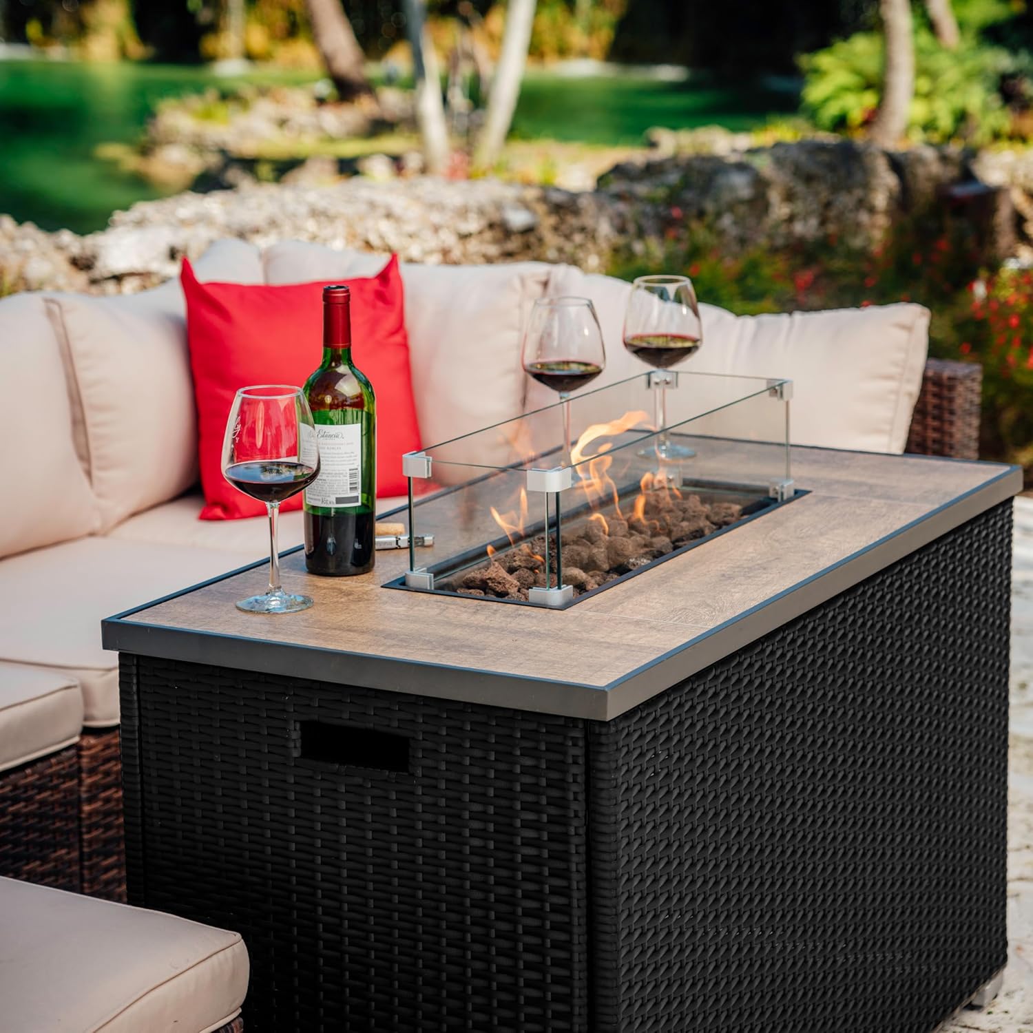 Nestl 43 Inch Fire Pit for Outdoor - 50,000 BTU Outdoor Propane Fire Pit Table with Lid, Rain Cover & Lava Rocks - Patio Fire Pit Table with Tempered Glass for Backyard Gatherings - Black