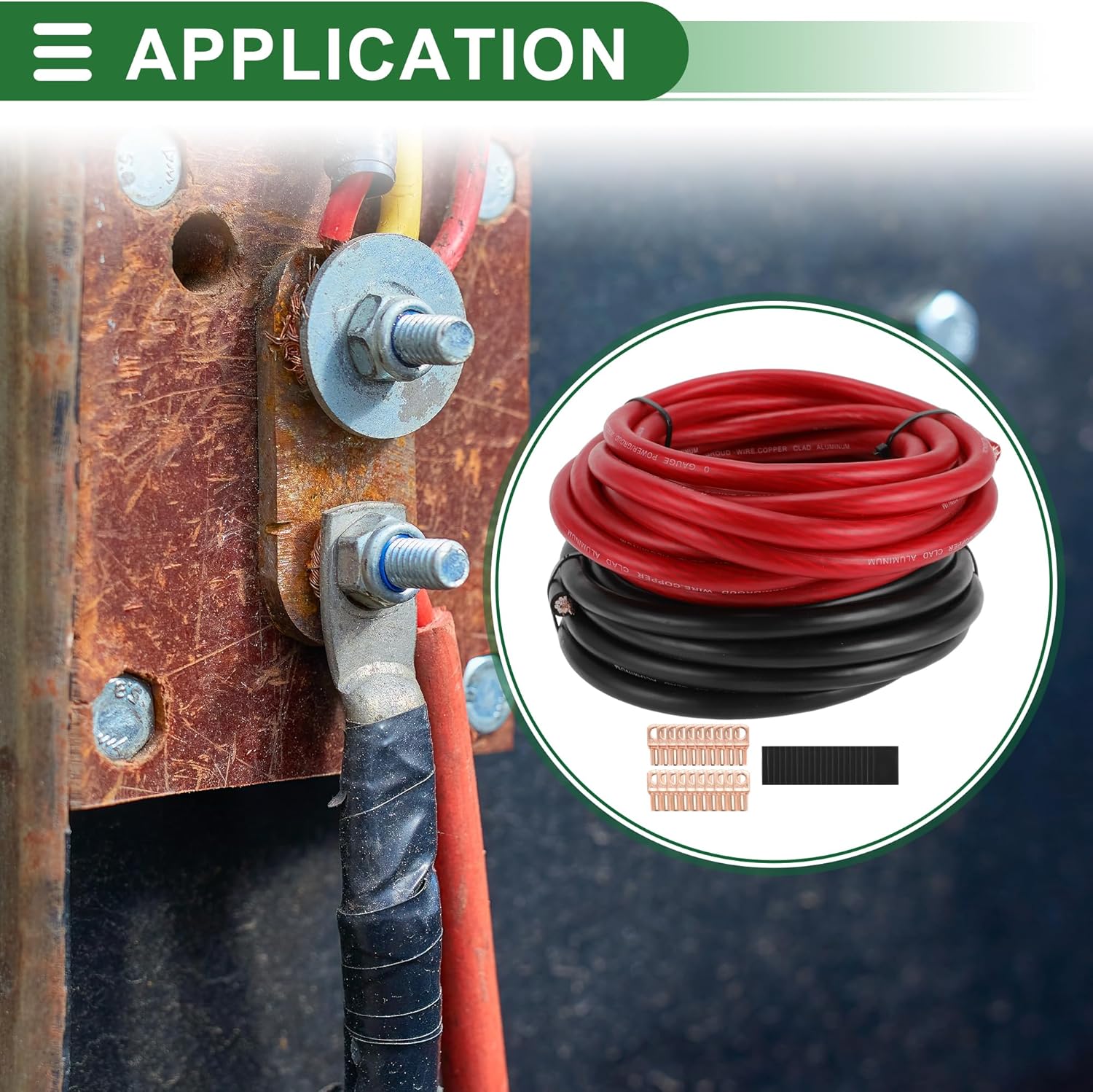 Motoforti 1/0 Gauge Ground Wire with Lugs& Heat Shrink Wrap Copper Clad Aluminum CCA - Car Amplifier Power & Ground Cable for Car Audio Speaker, 20 Feet Each-Black,Red