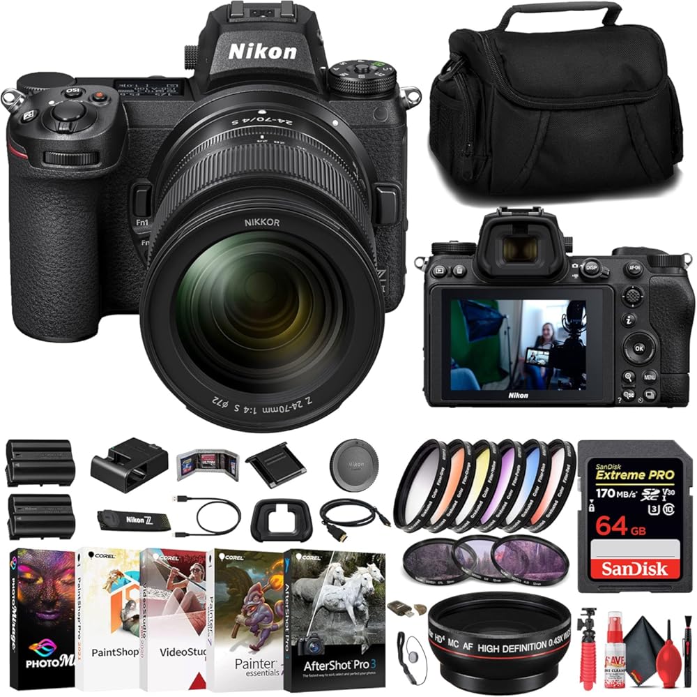 Nikon Z7 II Mirrorless Camera with 24-70mm f/4 Lens (1656) + 64GB Memory Card + Filter Kit + Wide Angle Lens + Color Filter Kit + Bag + EN-EL15c Battery + Charger + Card Reader + More (Renewed)