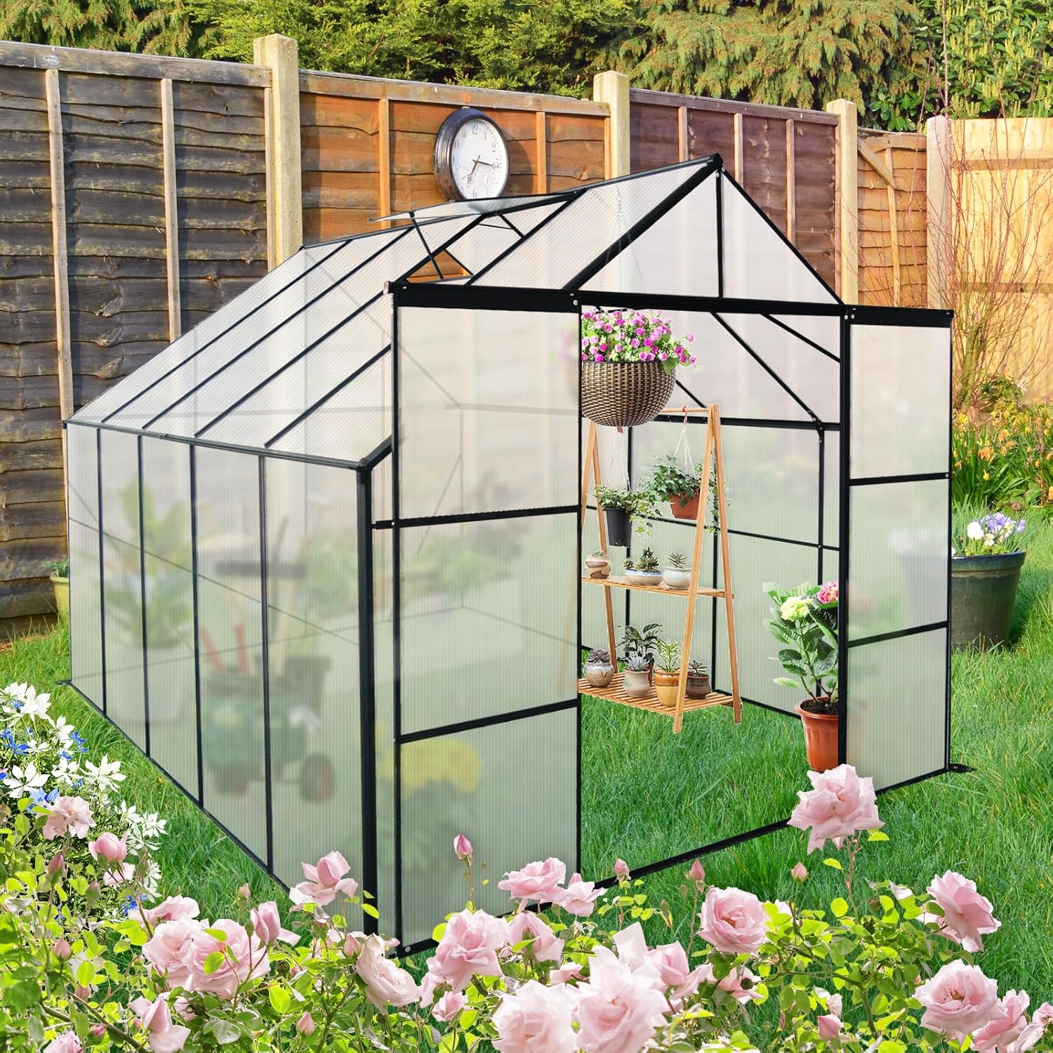 Polycarbonate Greenhouse with Aluminum Frame, Walk-in Garden Greenhouse for Outdoor Backyard, Heavy Duty Raised Base and Anchor, Adjustable Roof Vent, Sliding Door, Drainage System (Black,8x10 FT)