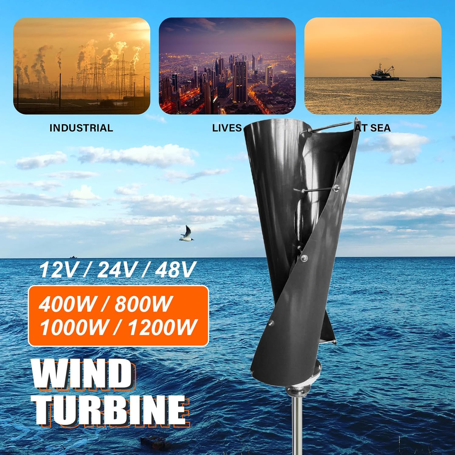 Spiral Wind Power Turbine Generator 400W / 800W / 1000W / 1200W Black Vertical Windmill Power Dynamo Kit 12V / 24V / 48V with Controller and 2 Blades and Maglev Generator,400w,48V