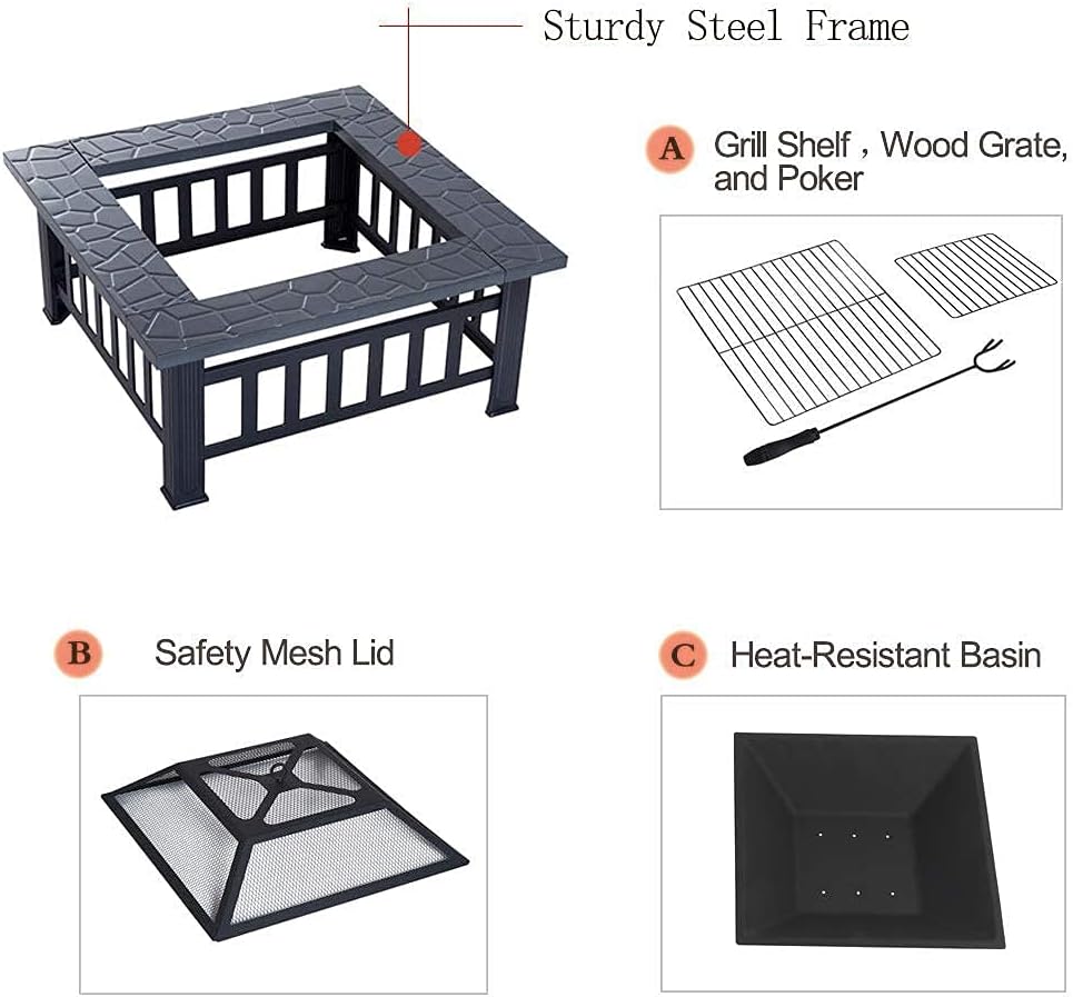 3 in 1 Outdoor Party BBQ Fire Pit with Grill Shelf for Garden Patio, Outdoor Metal Brazier Square Table Heater//Ice Pit Grill Barbecue Rack,