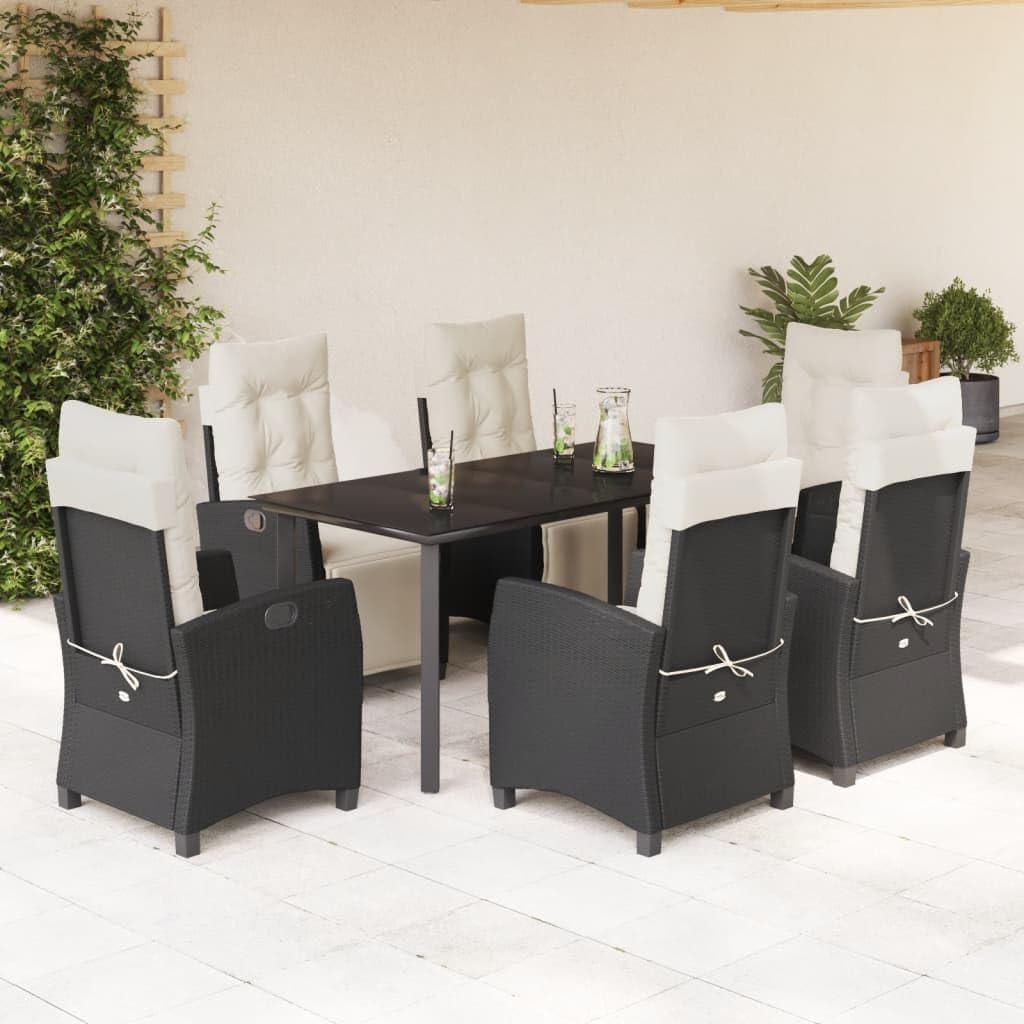 7 Piece Patio Dining Set with Cushions Black Poly Rattan Garden Furniture