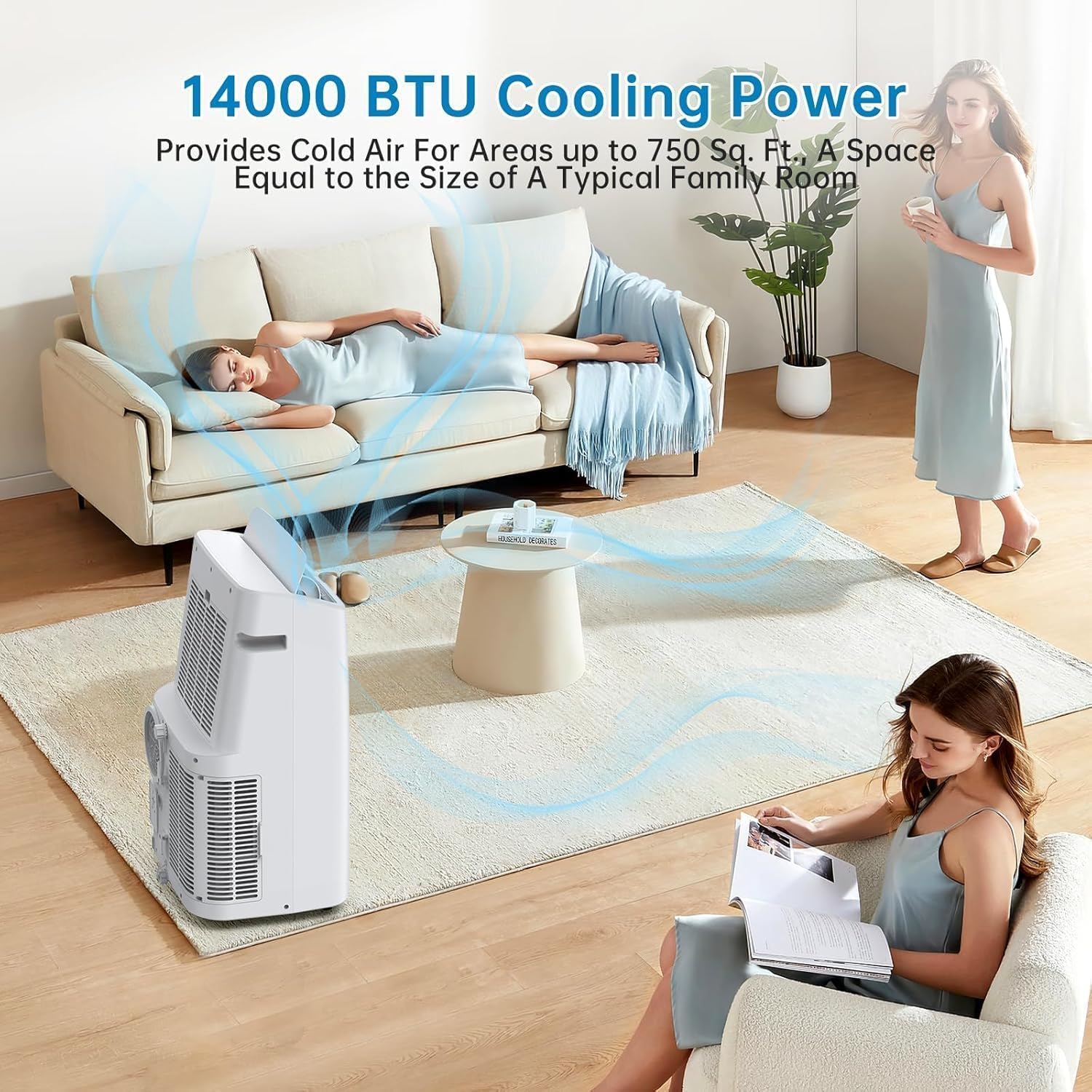 14000 BTU Portable Air Conditioner - 4 in-1 Cooling, Dehumidifier, Fan & Sleep Mode, Quiet AC Unit for Rooms up to 750 Sq.Ft, 24H Timer, Remote & Window Kit Included, White Top Cover