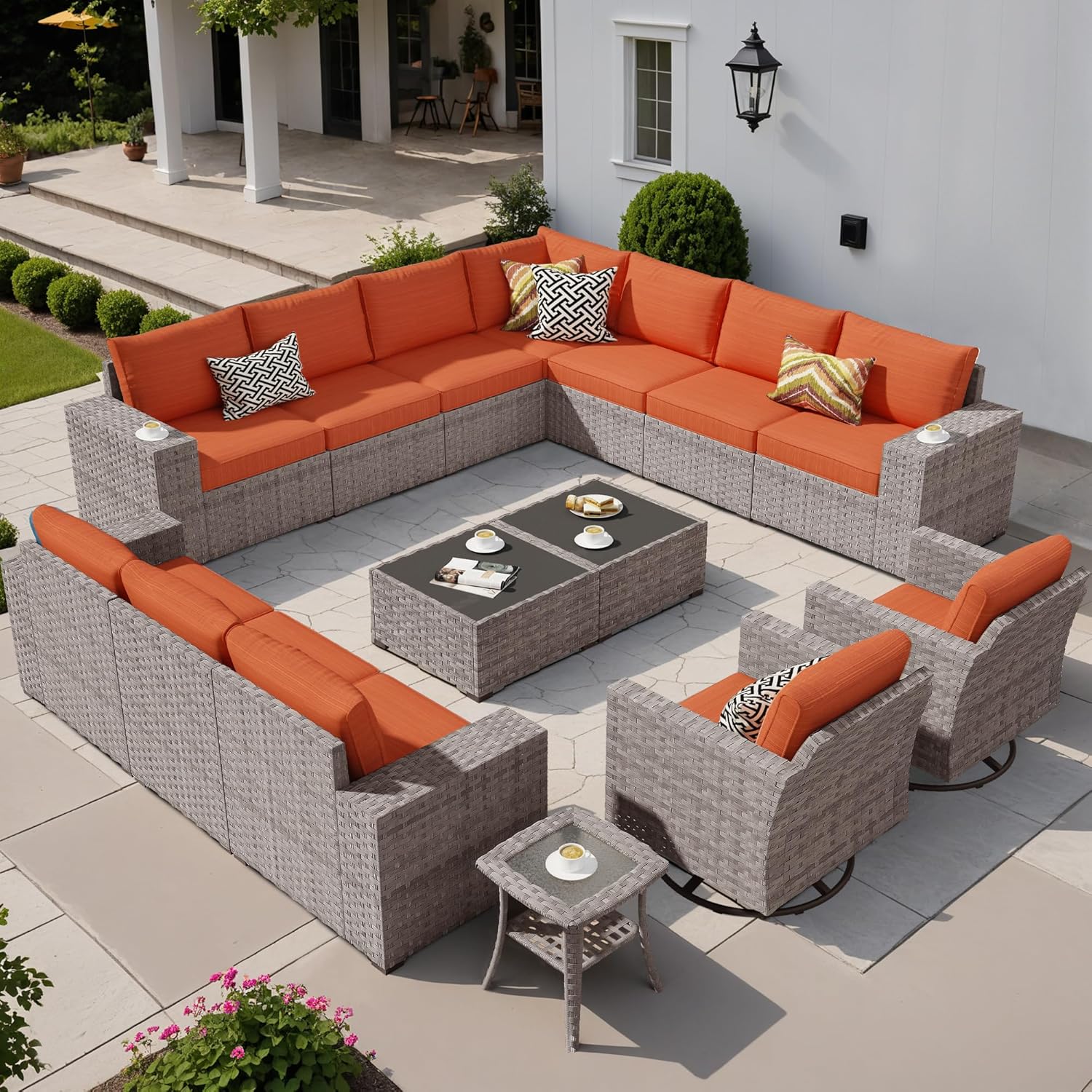 15 Pieces Widen Armrest Patio Coversation Set with Swivel Rocking Chair, Outdoor Furniture Modular Couch with Coffee Table, Rattan Wicker Sectional Sofa for Porch Balcony Backyard, Navy Blue