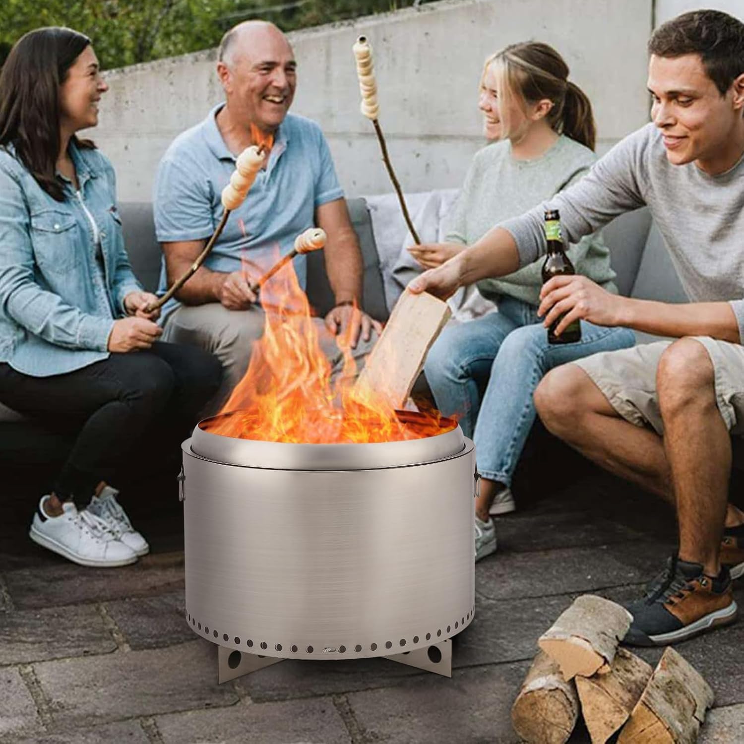 20.5 Inch Smokeless Fire Pit with Revolutionary Air Switch, High - Grade Stainless Steel, Portable Design, Removable Ash Pan, Stable Stand, and 360° Heating for Camping and Outdoor Use