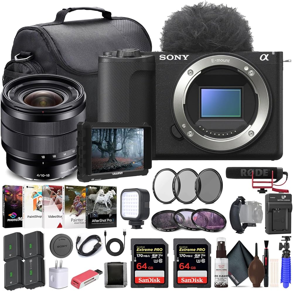 Sony Alpha ZV-E10 II Mirrorless Camera (Body Only, Black) (ZVE10M2KB), Sony E 10-18mm Lens, 4K Monitor, Pro Mic, 2 x 64GB Memory Card, Filter Kit, Photo Software, Bag, More