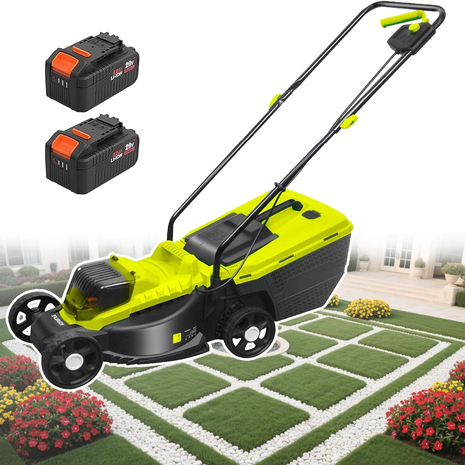 Electric Lawn Mower Cordless with 13.5-inch Manganese Steel Blade, 40V Brushless Cordless Lawnmower Battery with 3-Position 30-70mm Height Cutting Height Adjustment, 3400RPM Brushless Motor,Battery*2