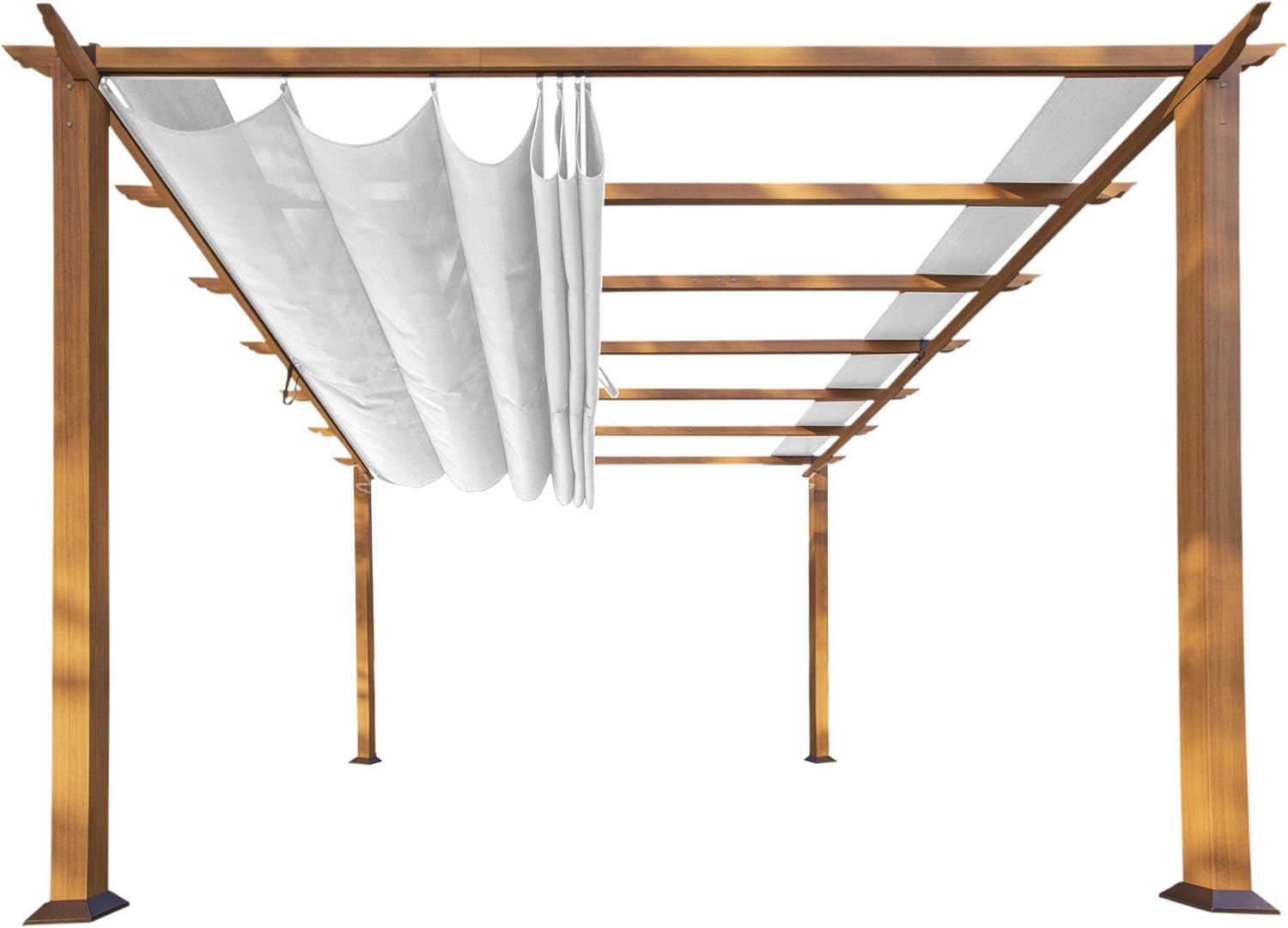 Paragon Outdoor 11’ x 11’ Florence Alumnum Pergola, Powder-Coated Aluminum Frame in Canadian Cedar Wood Grain Finish with Retractable Canopy in White for Backyard, Patio, Porch, Garden