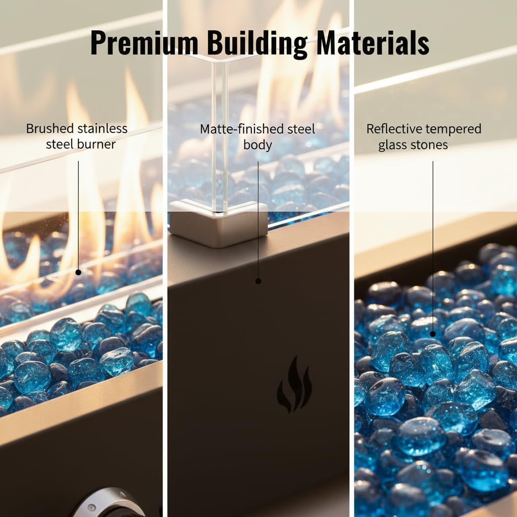 28-inch Rectangle Propane Fire Pit with Tempered Glass Wind Guard, 40,000 BTU Outdoor Heater for Patio, Bottom/Side Hose Conversion, All-Weather Iron Design, Decorative Glass Rock Compatible