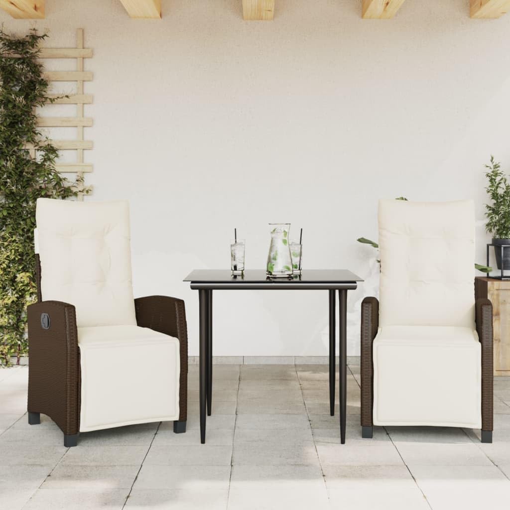3 Piece Patio Dining Set with Cushions Brown Poly Rattan Garden Furniture
