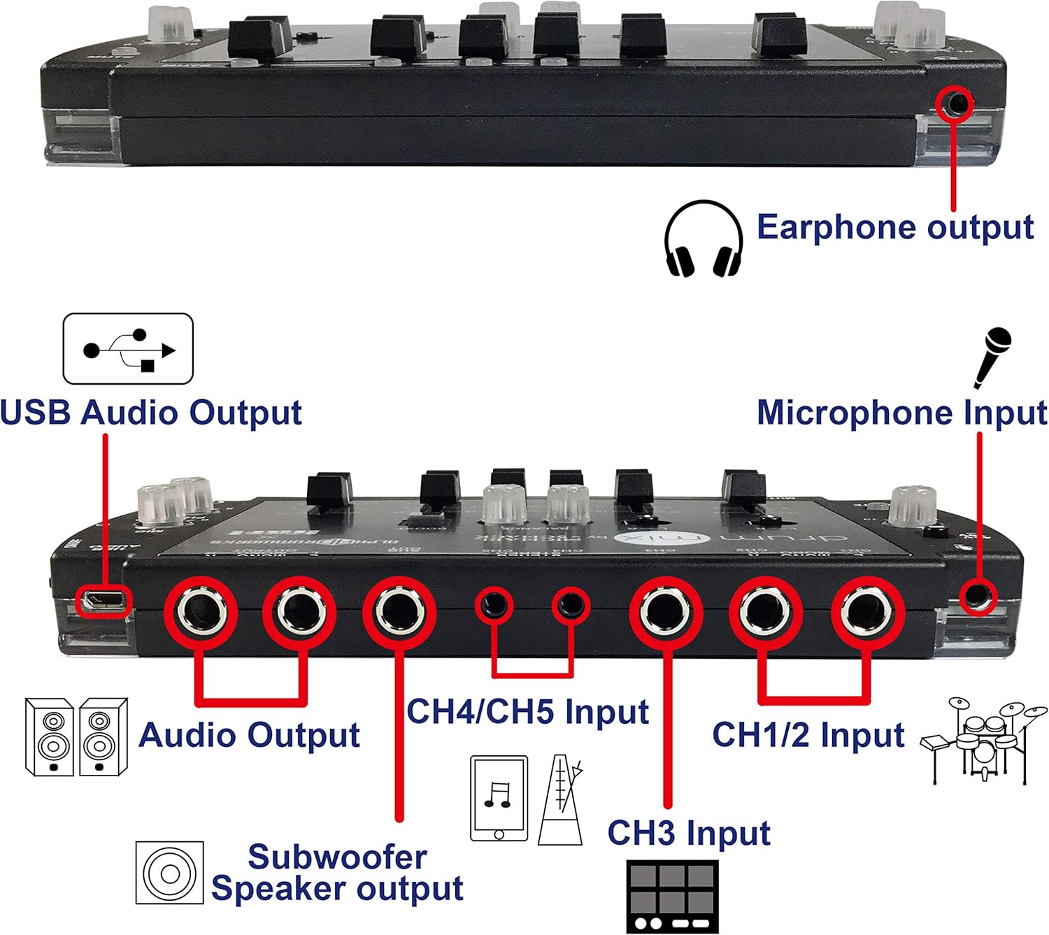 Maker hart Drum Mixer Compact 6 Ch Multitrack Audio IN/3.5mm Stereo/6.3mm Mono L/R/Mic IN/USB Audio out/Build in MIC