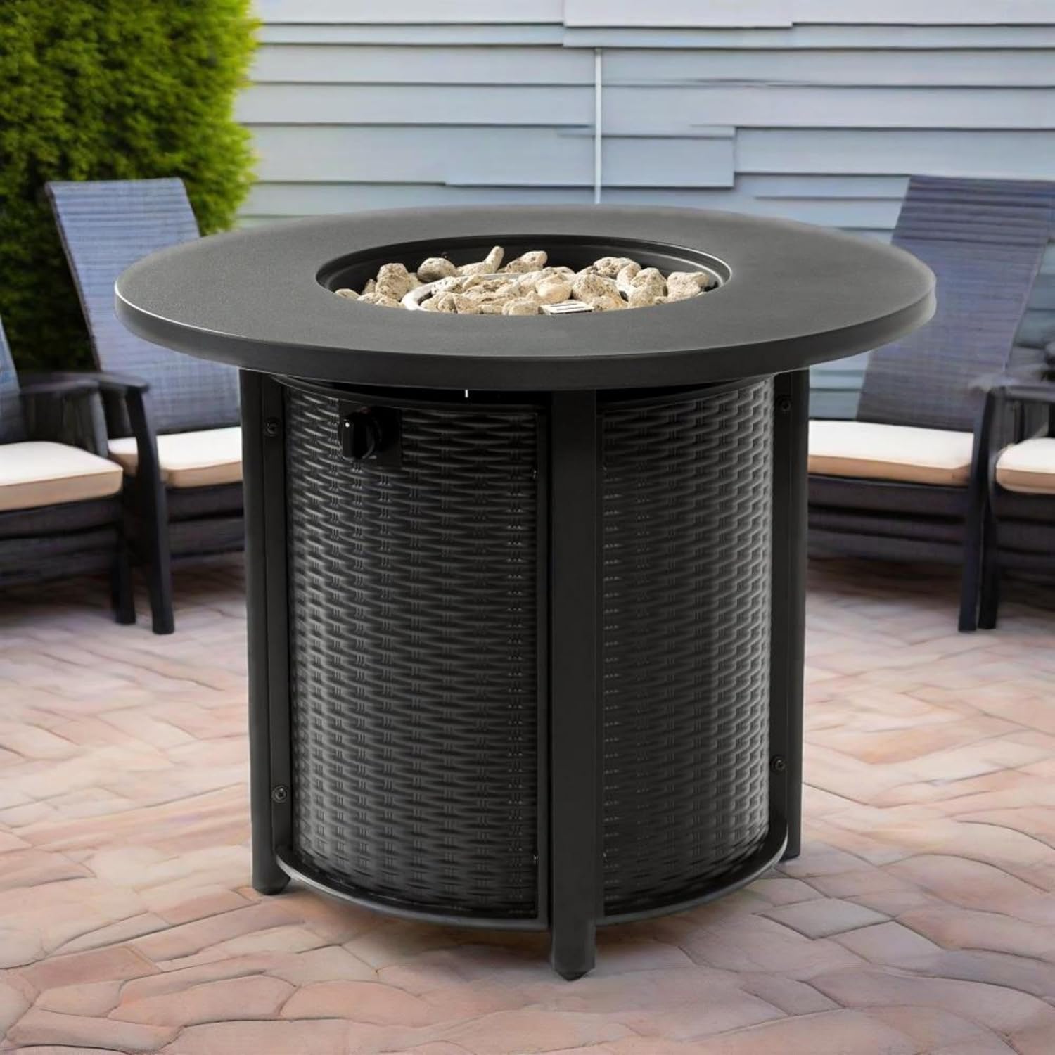 32 Inch Propane Fire Pit, Outdoor Fire Pit Table, 50000 BTU Round Steel Gas Fire Pits with Lid, Add Warmth and Ambience to Parties On Outside Patio Deck Garden, Black
