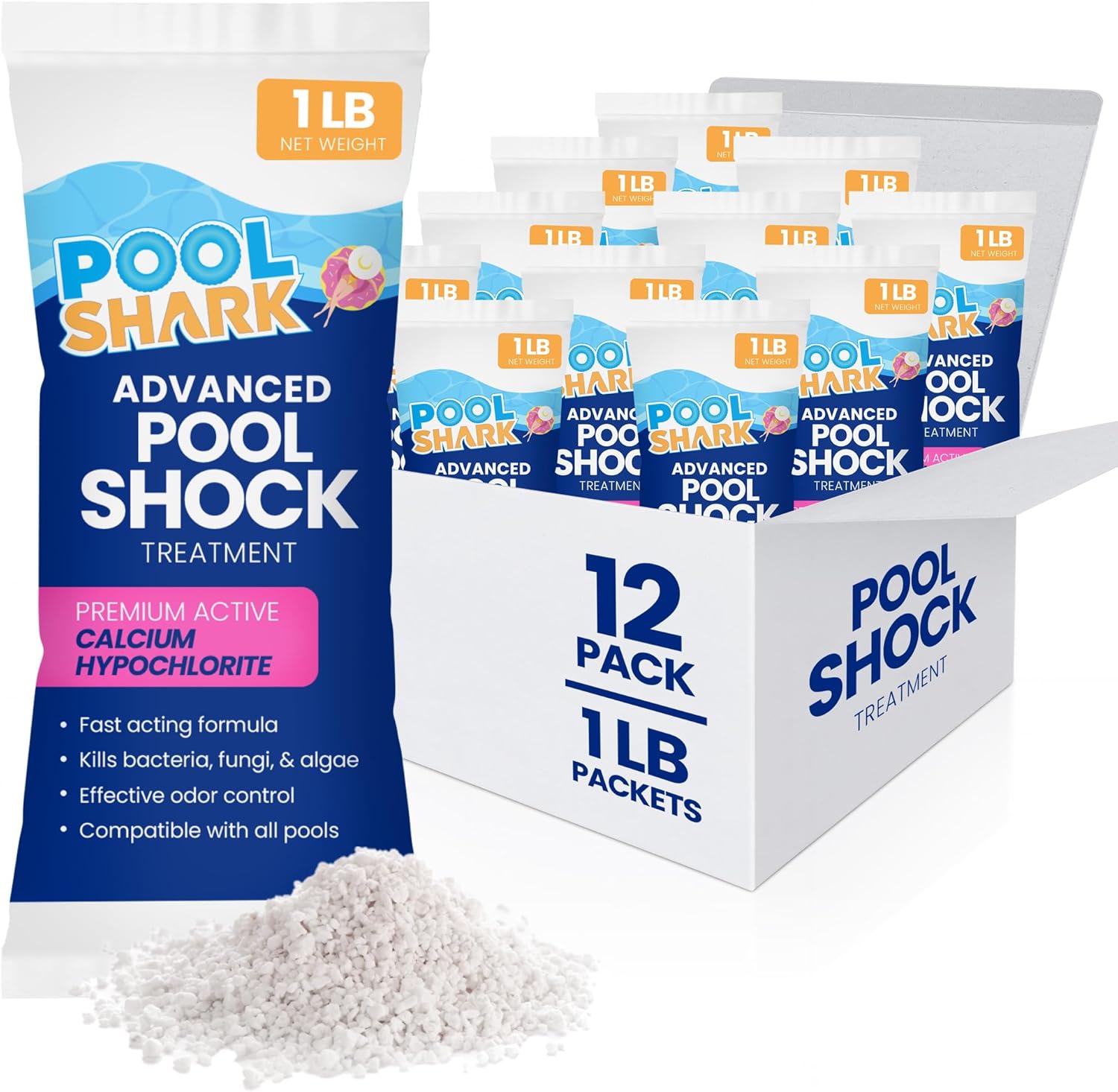 POOL SHARK 68% Calcium Hypochlorite Pool Shock - 12 Pack Chlorine Granules - 1 lb Bags - Swimming Pool Shock for Inground and Above Ground Pool Treatment