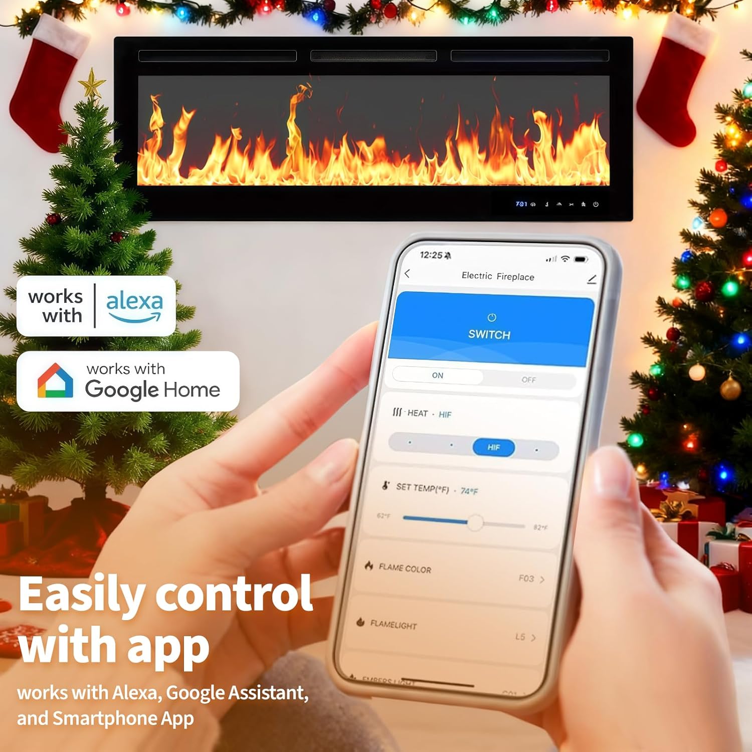 50 Inch Smart Electric Fireplace, Wall Mounted & Recessed Electric Fireplaces, WiFi & Alexa Control, Remote, Adjustable Flames, 1500W Heater w/Thermostat, Realistic Fireplace (50 Inches)